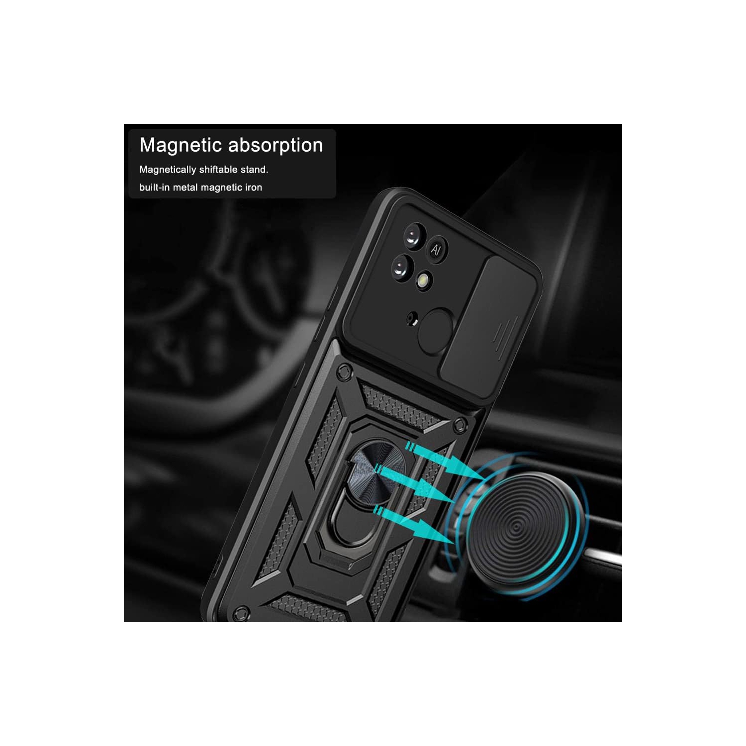 Sturdy Case for Xiaomi Redmi 10C with Slide Camera Window, Heavy Duty Military Grade Protection Phone Cover