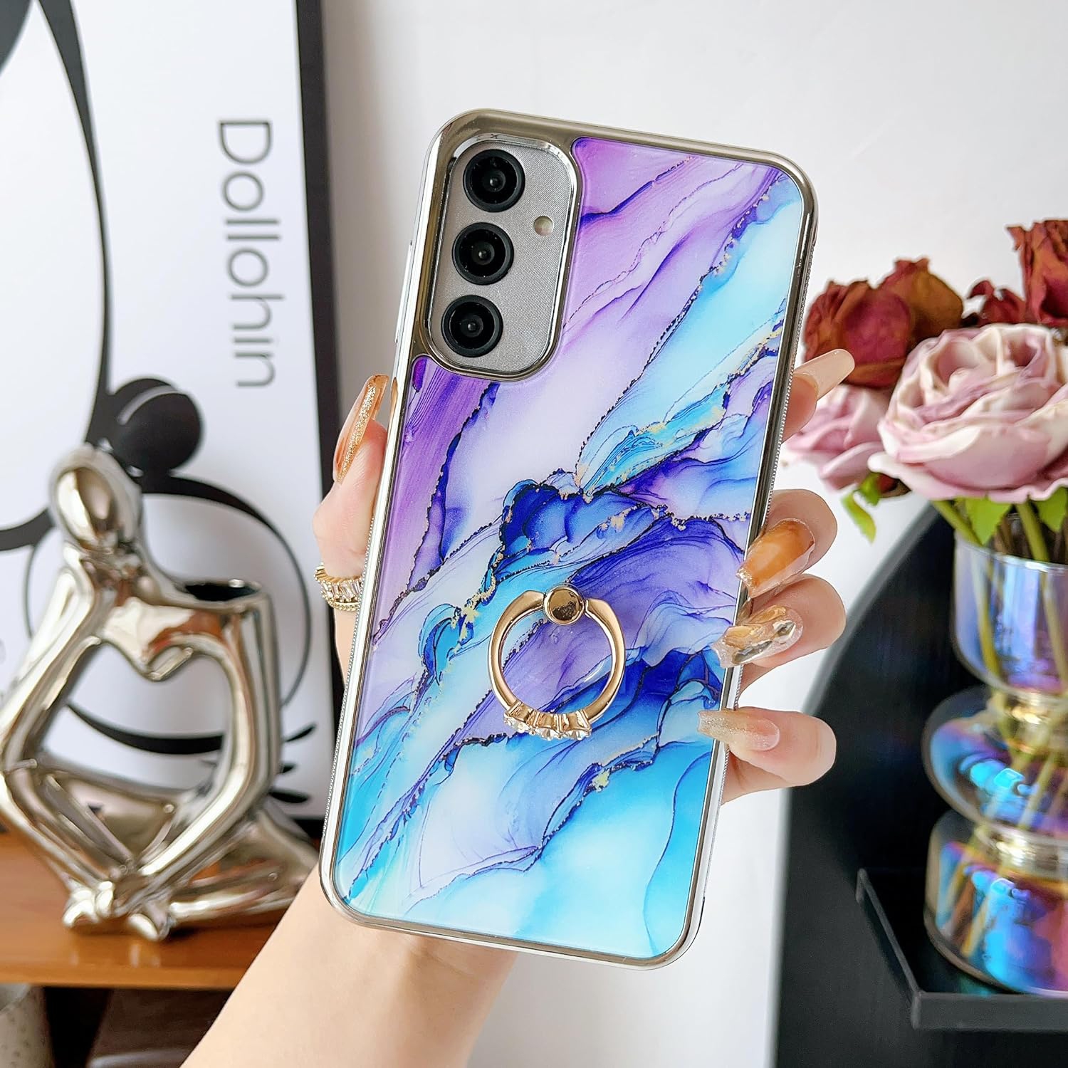 for Samsung Galaxy A14 5G Case with Ring Holder Kickstand Hybrid Silver TPU Bumper with Hard Back Floral