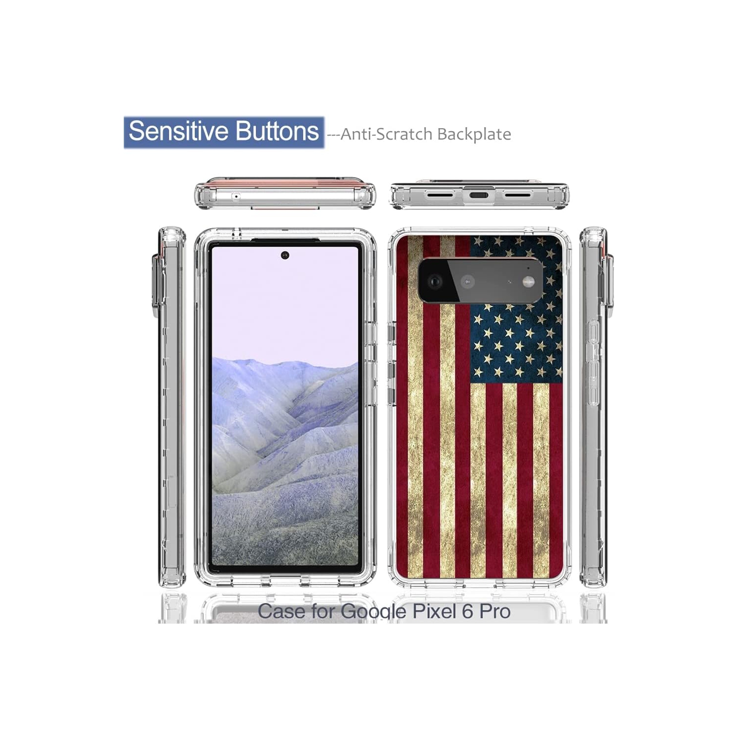 Phone Case for Pixel 6 Pro Case,Pixel 6 XL G8VOU Case, Cute Clear Flag Pattern Full Body Protective Cover Cases