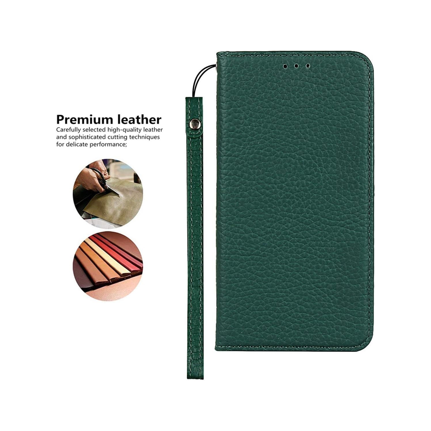 Genuine Leather Case for iPhone 11 Pro Max, Wallet Case with Wrist Strap and Card Slots Magnetic Closure