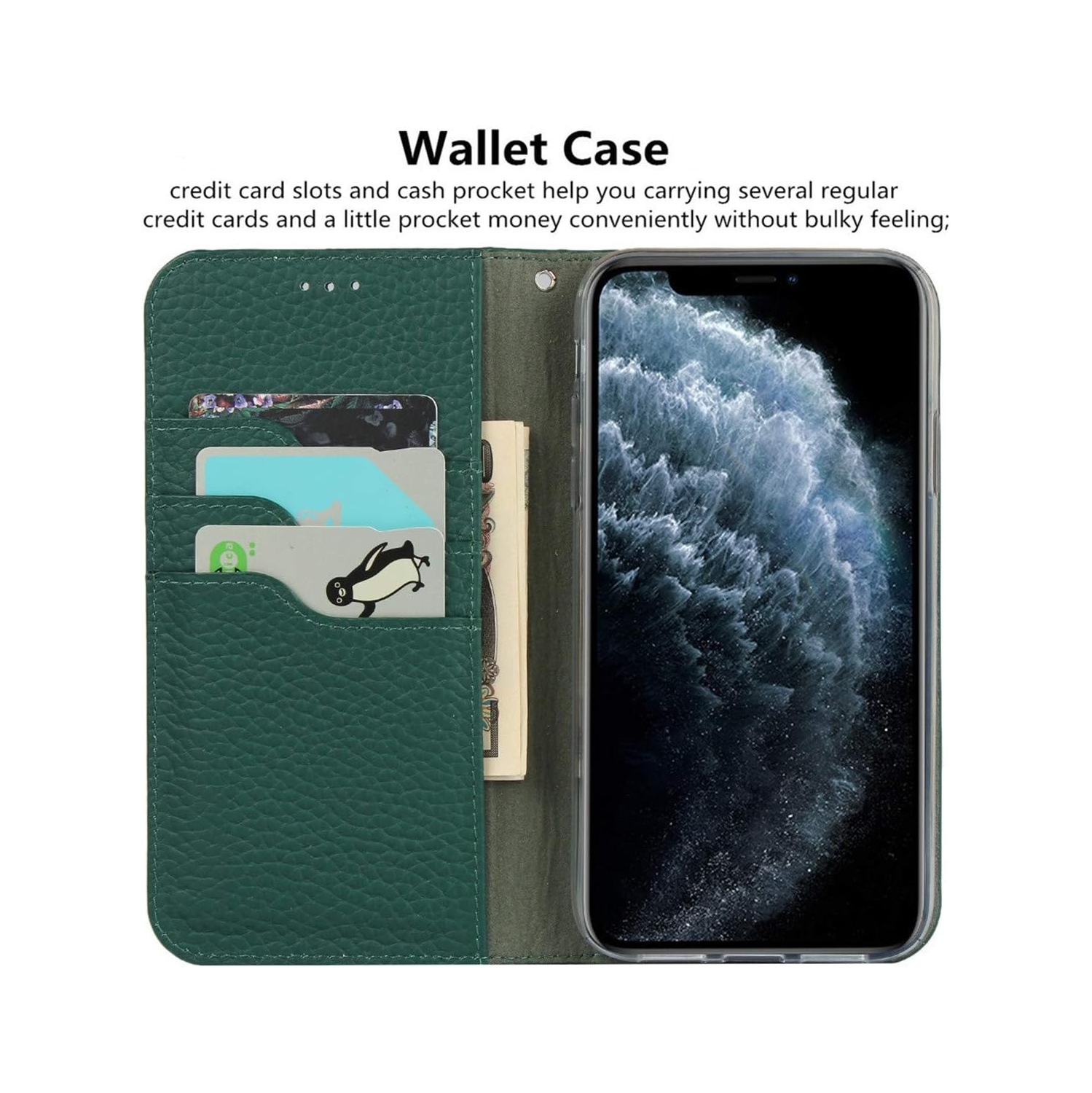 Genuine Leather Case for iPhone 11 Pro Max, Wallet Case with Wrist Strap and Card Slots Magnetic Closure