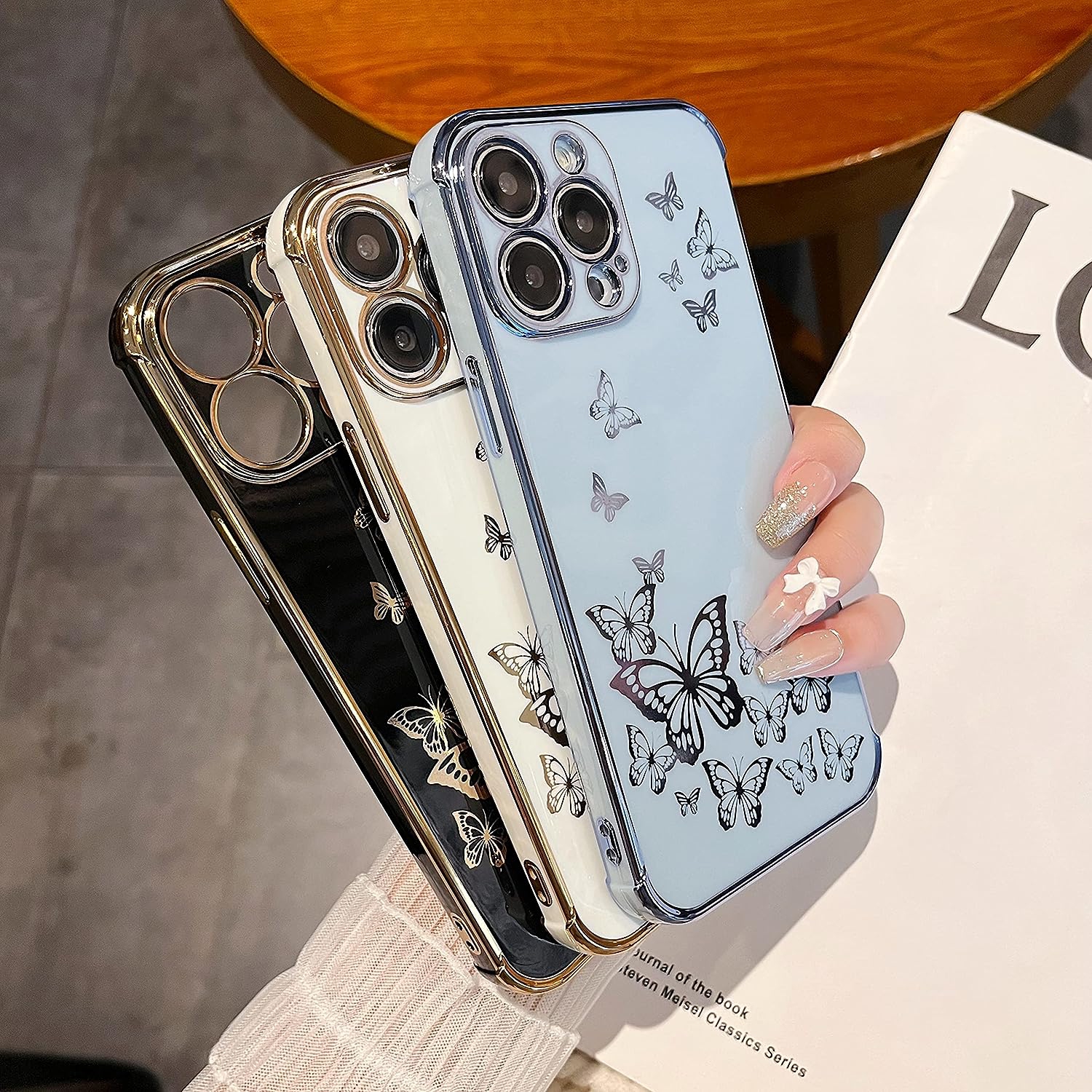 for iPhone 14 Pro Max Case, Protective Case for Women Cute Electroplated Butterfly Gold Edge Shockproof Slim