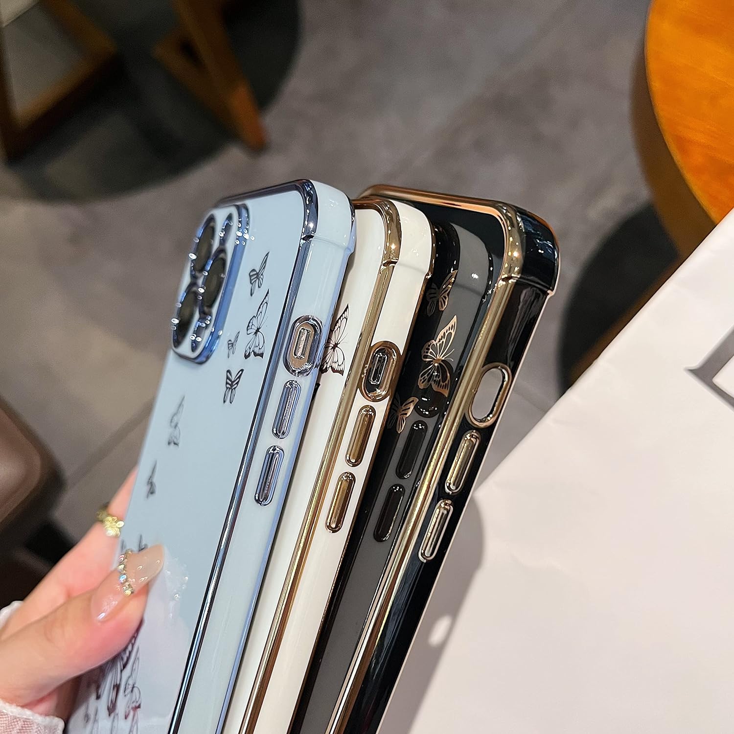 for iPhone 14 Pro Max Case, Protective Case for Women Cute Electroplated Butterfly Gold Edge Shockproof Slim