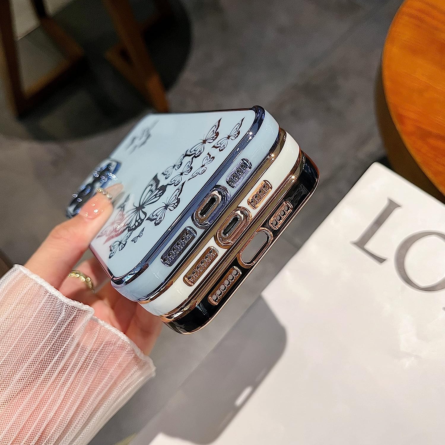 for iPhone 14 Pro Max Case, Protective Case for Women Cute Electroplated Butterfly Gold Edge Shockproof Slim