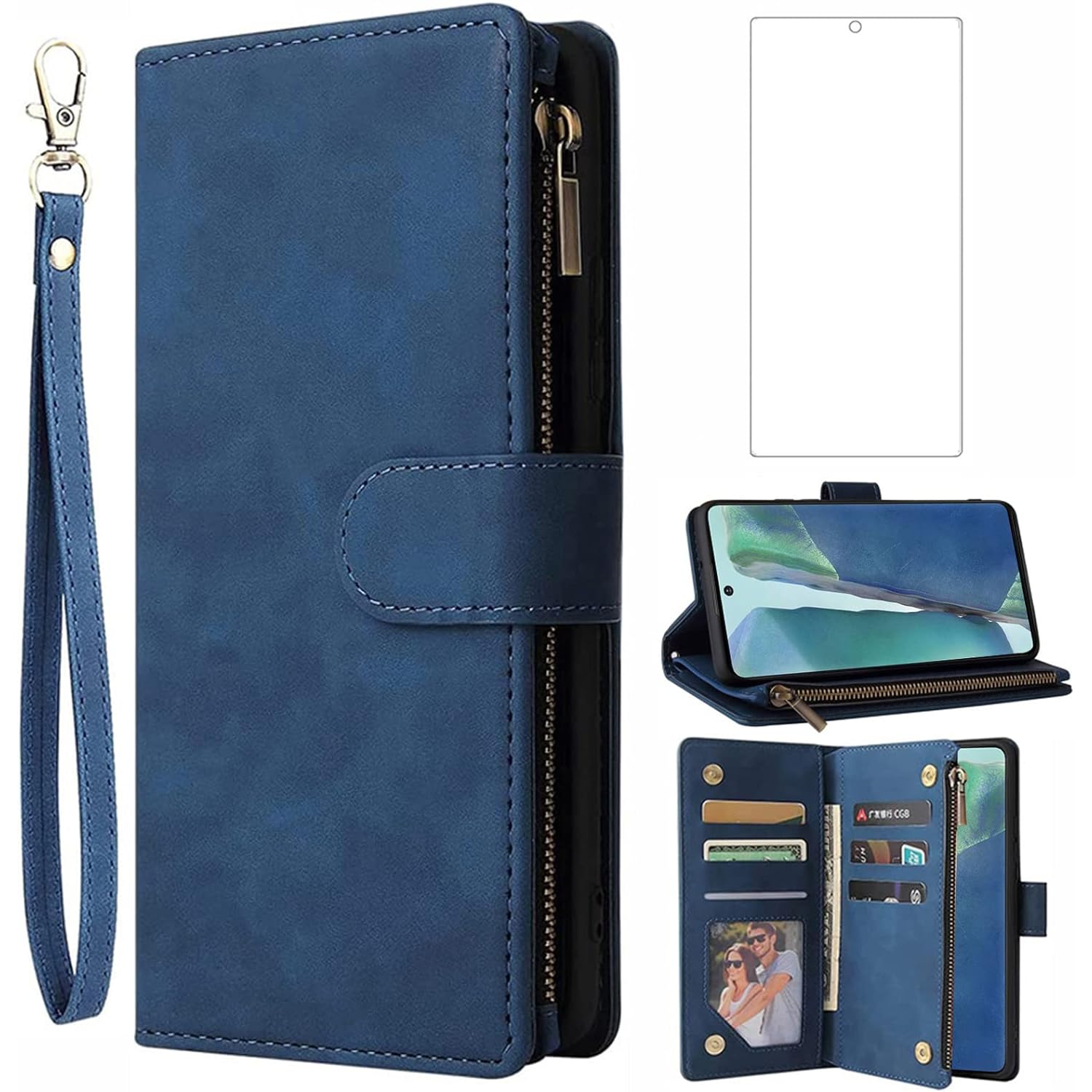 Compatible avec l'étui portefeuille Glaxay Note20 5G de Samsung pour Galaxy Note 20 avec protecteur d'écran et rabat en verre trempé