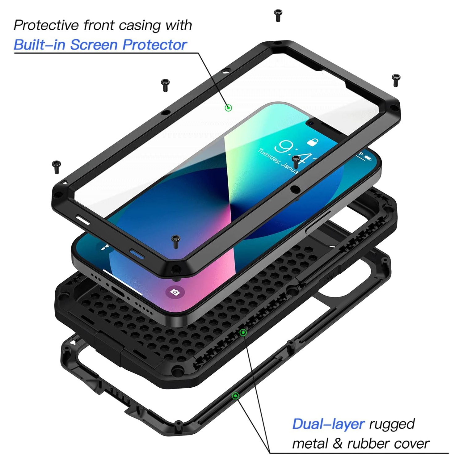 iPhone 13 Case, Heavy Duty Shockproof [Tough Armour] Metal Case with Built-in Screen Protector, 360 Full Body