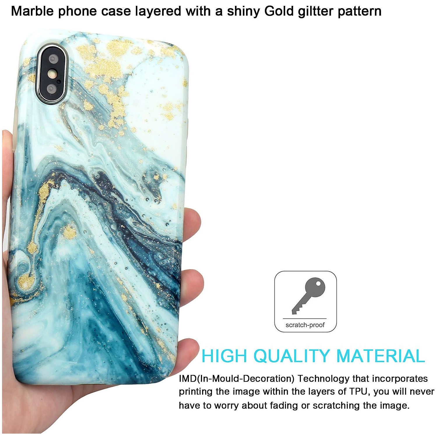 Compatible avec l'étui rigide antichoc iPhone X iPhone XS doré scintillant marbré bleu et mince, pare-chocs flexible en TPUR souple