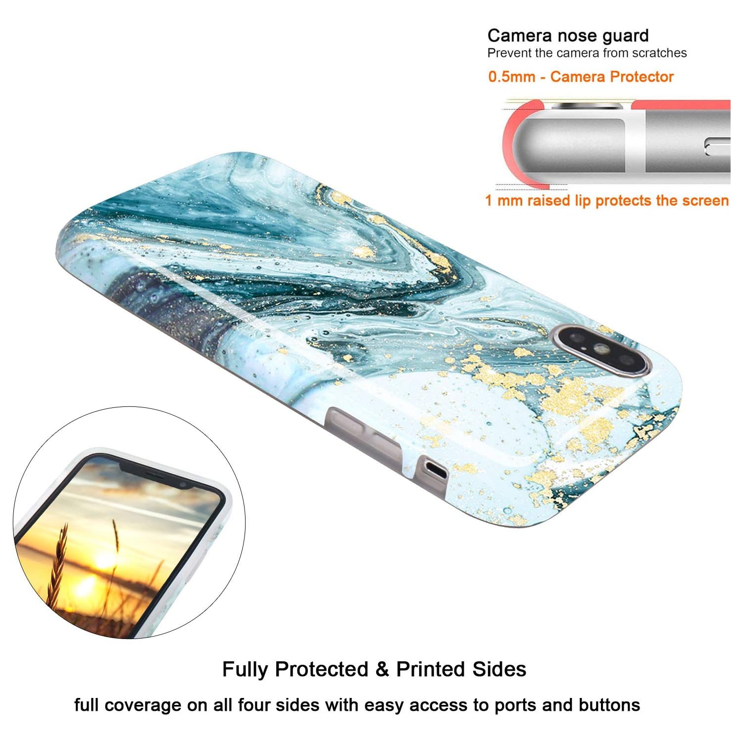 Compatible avec l'étui rigide antichoc iPhone X iPhone XS doré scintillant marbré bleu et mince, pare-chocs flexible en TPUR souple