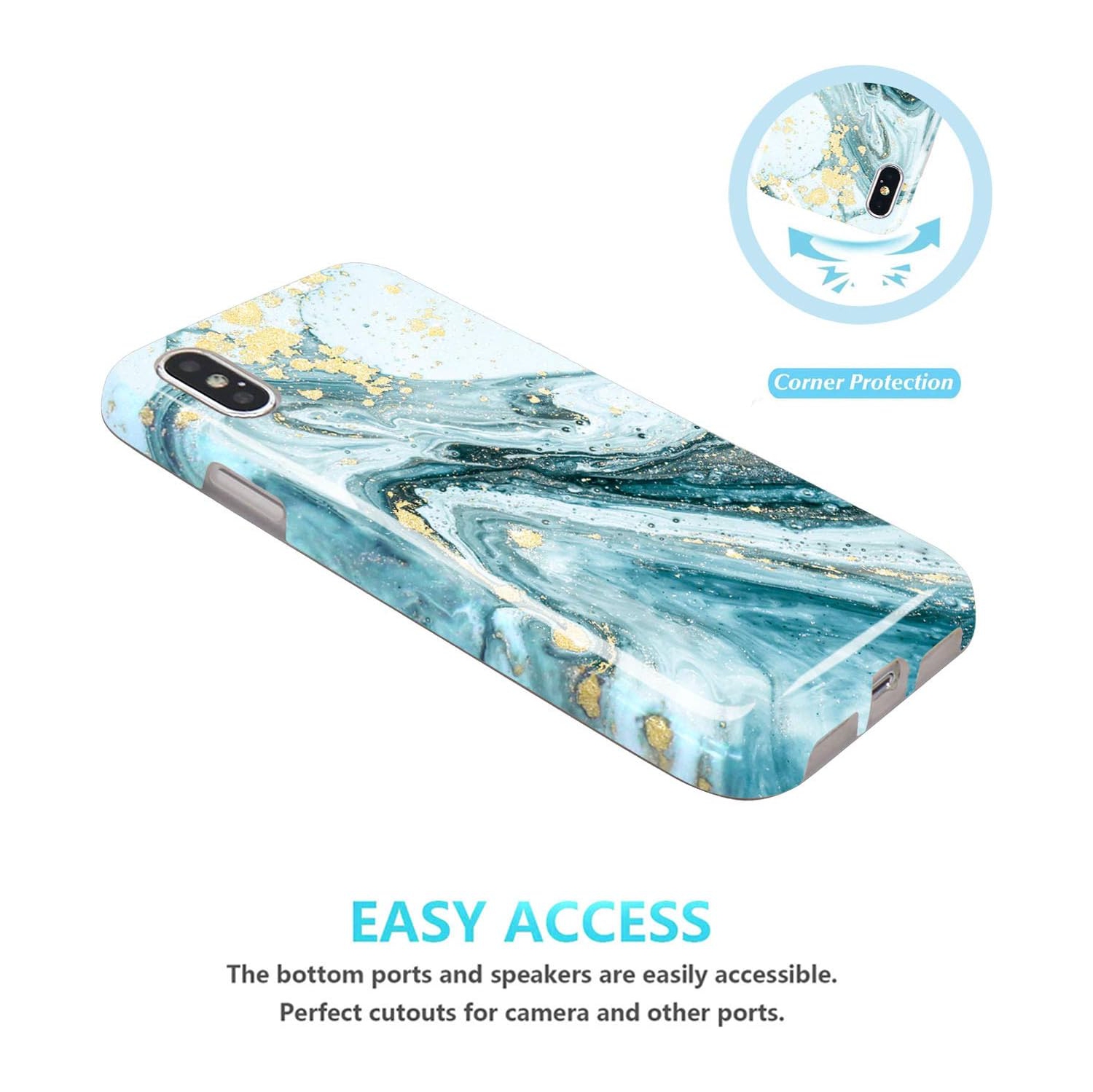 Compatible avec l'étui rigide antichoc iPhone X iPhone XS doré scintillant marbré bleu et mince, pare-chocs flexible en TPUR souple