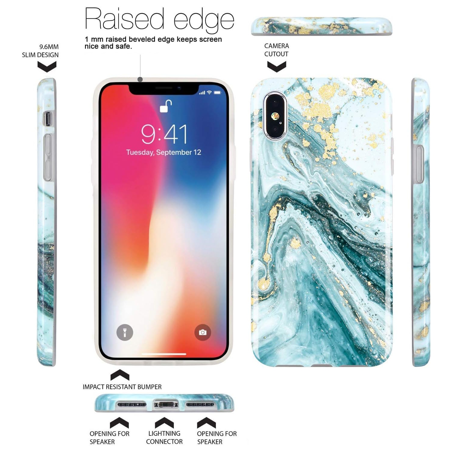 Compatible avec l'étui rigide antichoc iPhone X iPhone XS doré scintillant marbré bleu et mince, pare-chocs flexible en TPUR souple