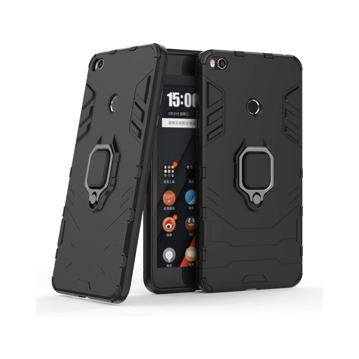 Compatible with Xiaomi Mi Max 2 Case, Metal Ring Grip Kickstand Shockproof Hard Bumper Shell (Works with Magnetic Car