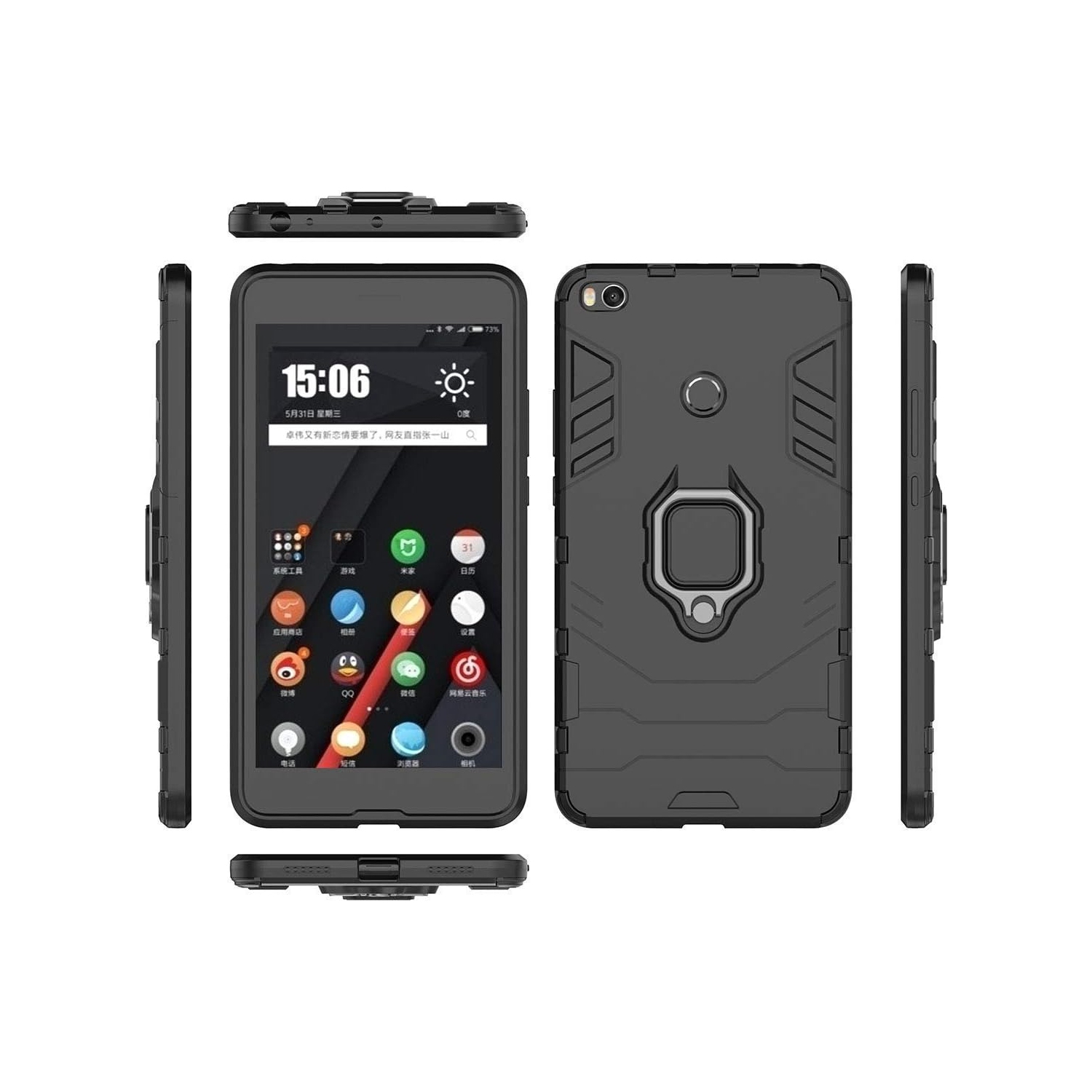 Compatible with Xiaomi Mi Max 2 Case, Metal Ring Grip Kickstand Shockproof Hard Bumper Shell (Works with Magnetic Car