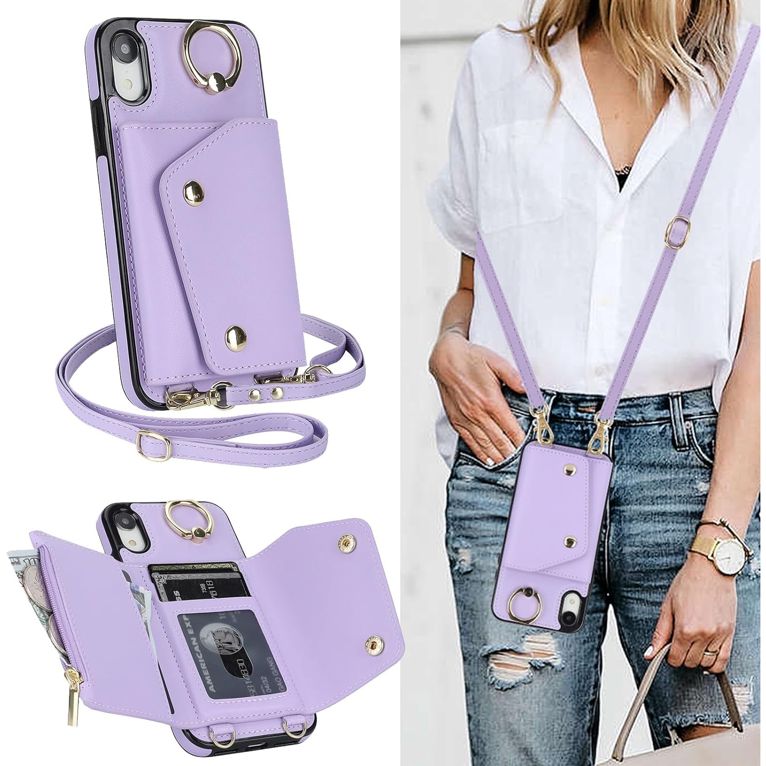 Étui à bandoulière iPhone XR avec dragonne et porte-carte, étui portefeuille iPhone XR pour femmes avec dragonne à anneau