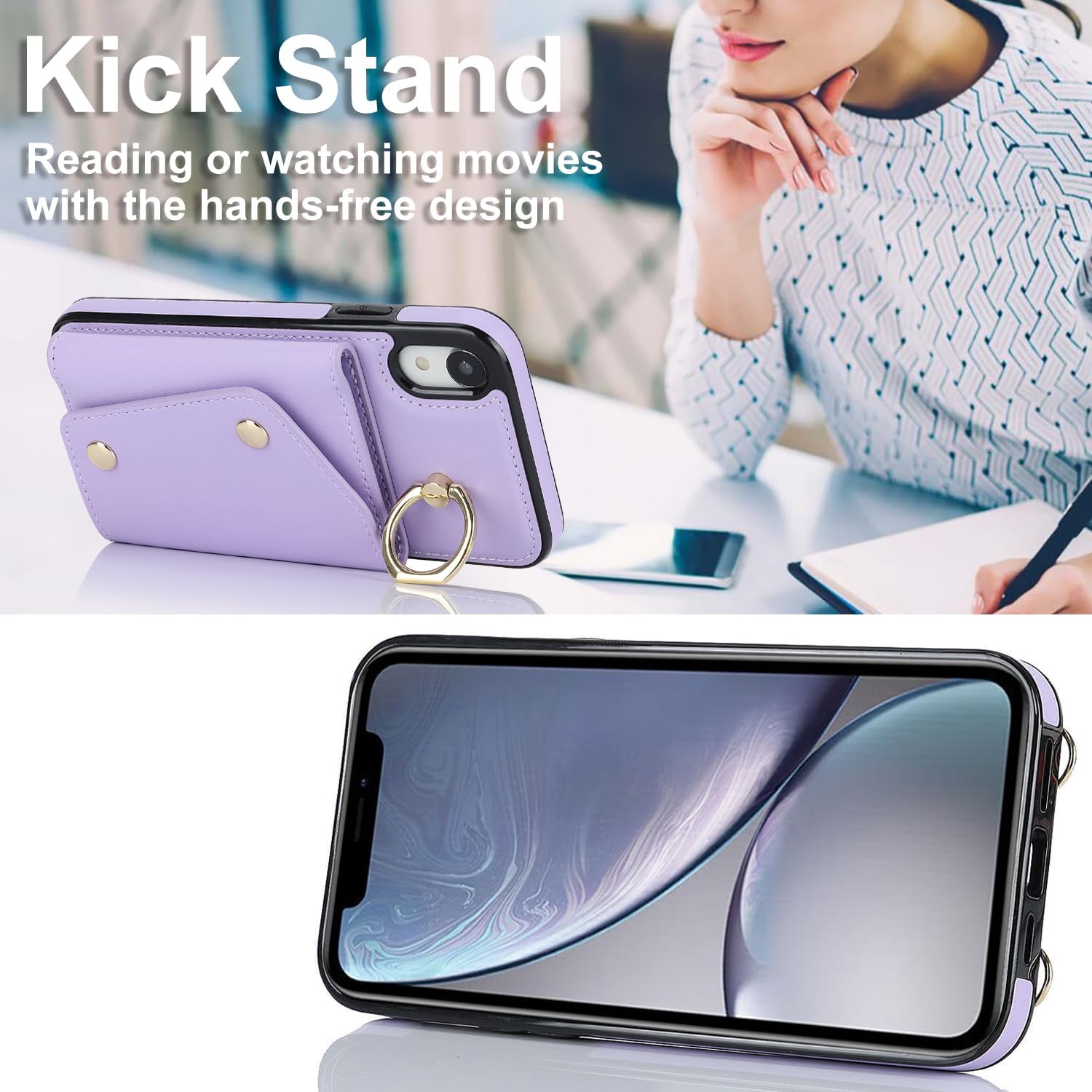 Étui à bandoulière iPhone XR avec dragonne et porte-carte, étui portefeuille iPhone XR pour femmes avec dragonne à anneau