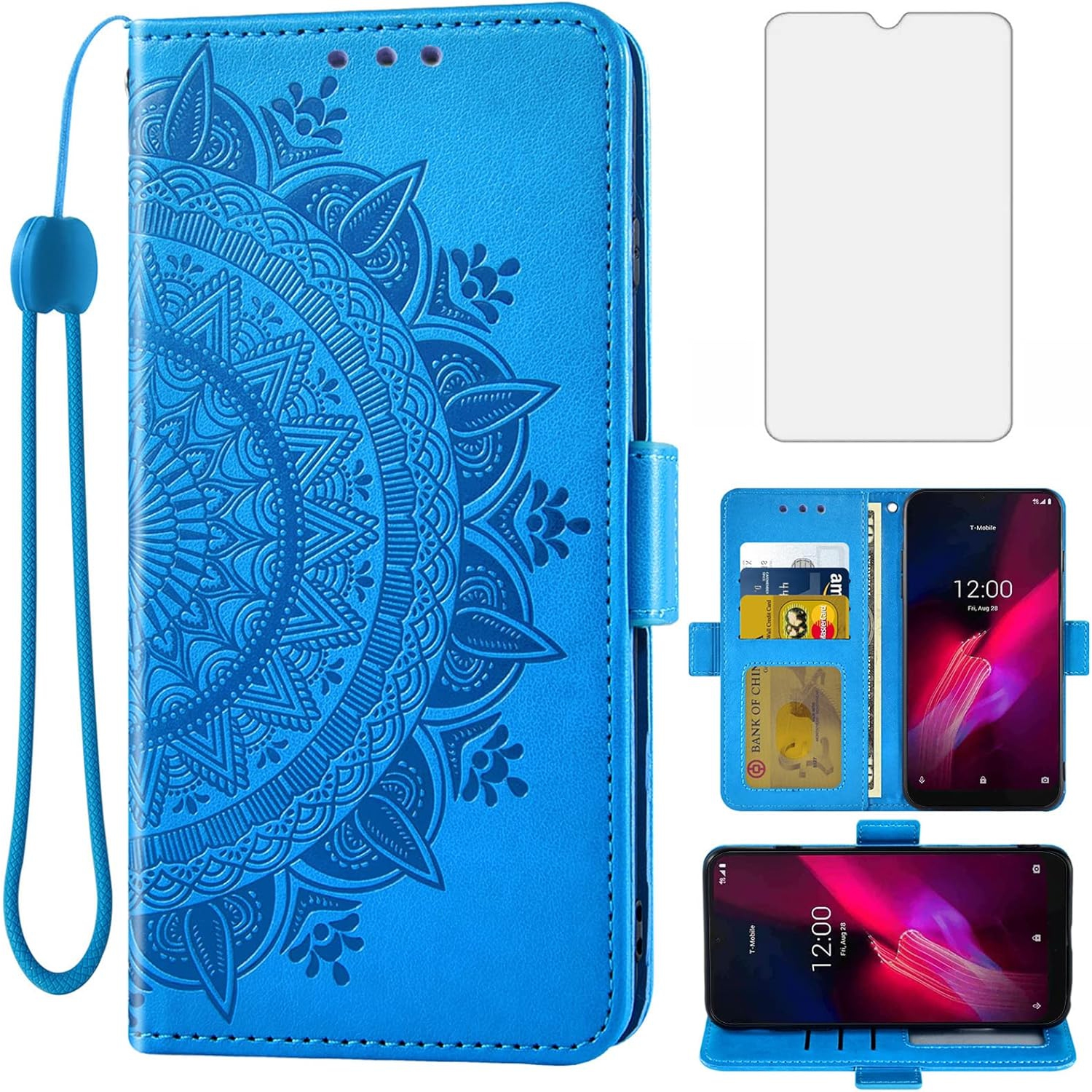 Compatible with T-Mobile Revvl 4 Wallet Case and Tempered Glass Screen Protector Card Holder Flip Wrist Strap