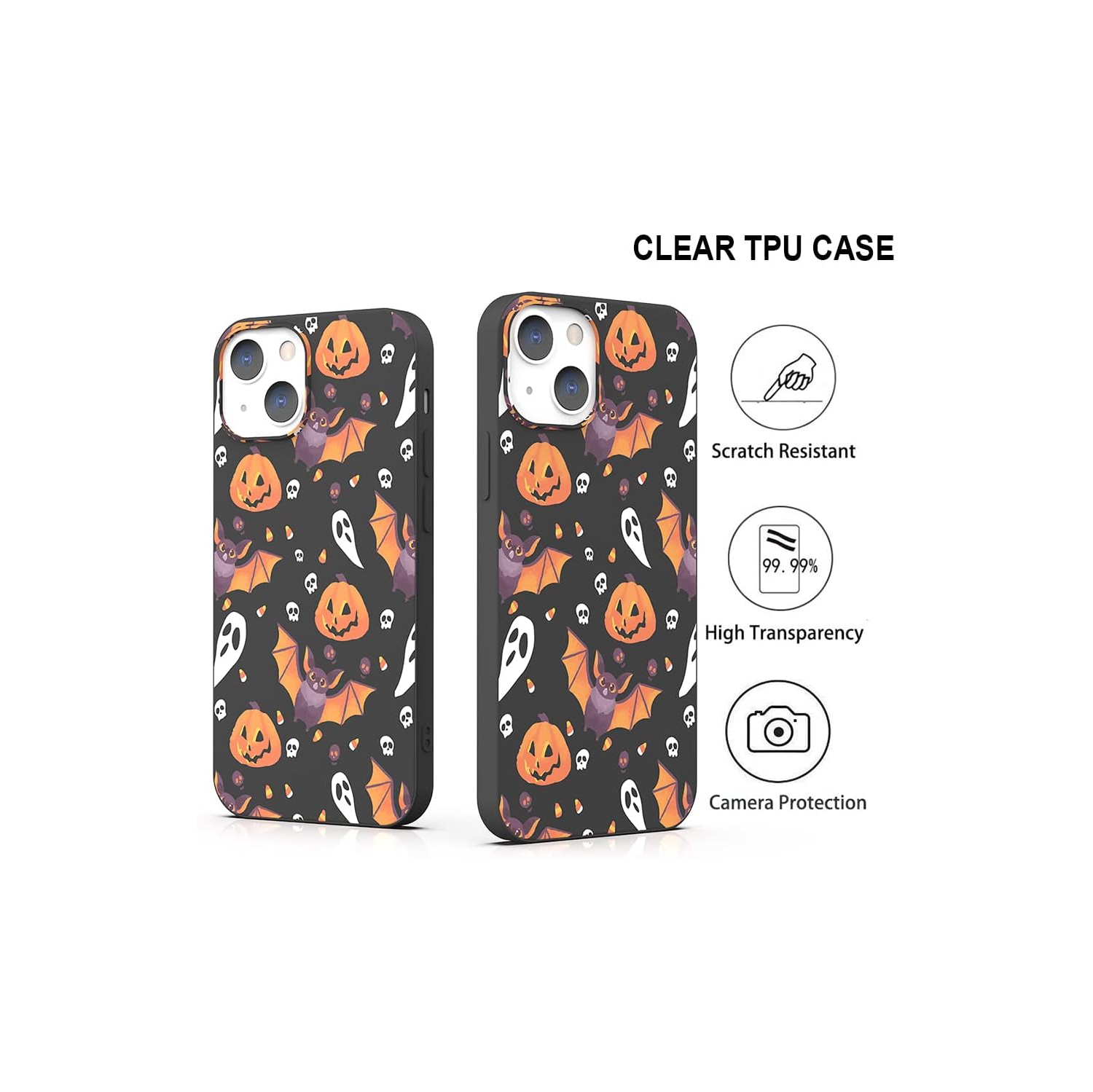 for iPhone 13 Halloween Case Pumpkin Bats, Cute Design Kids Women Girls Black Case Shockproof Soft Skull Nuts