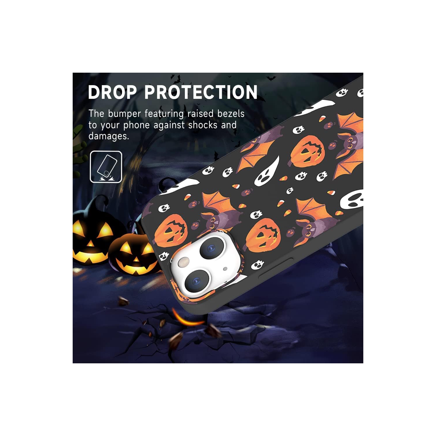 for iPhone 13 Halloween Case Pumpkin Bats, Cute Design Kids Women Girls Black Case Shockproof Soft Skull Nuts