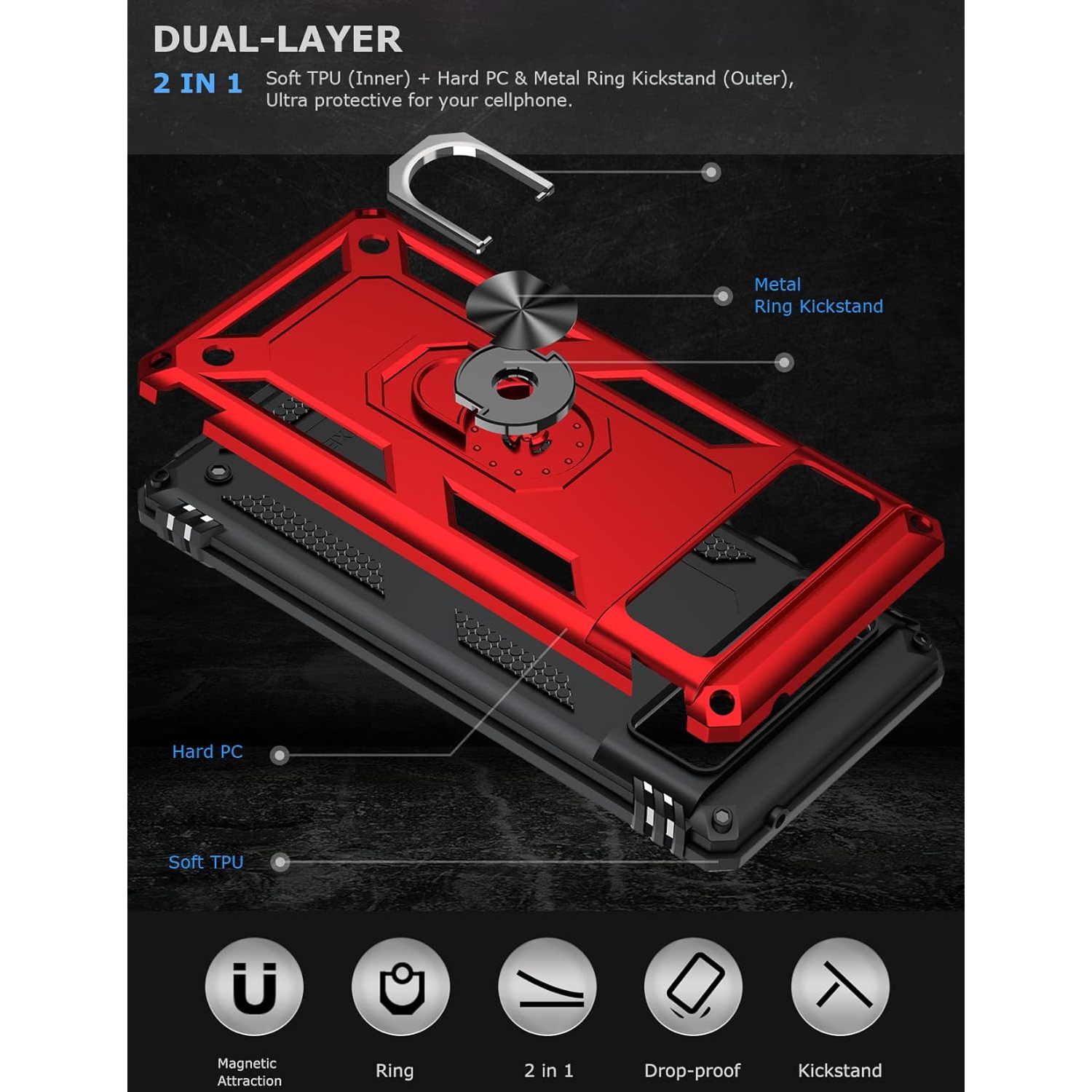 Ring Kickstand Phone Case for Pixel 6,Heavy Duty Dual Layer Drop Protection Case for Google Pixel 6,Hard