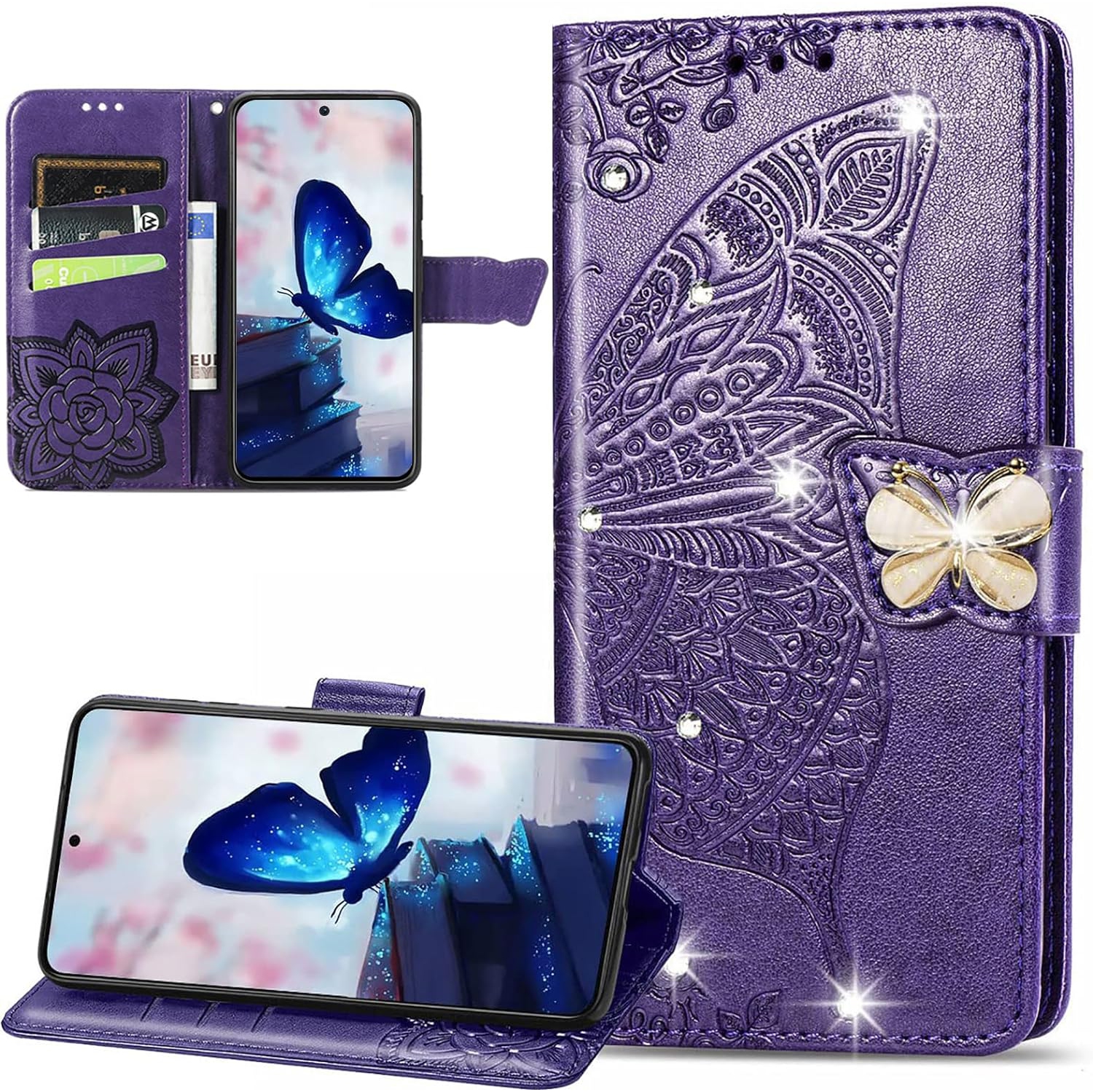 for Xiaomi Redmi 12 4G Wallet Case, Embossed Floral Butterfly PU Leather Folio Flip Case Cover with Card Slot