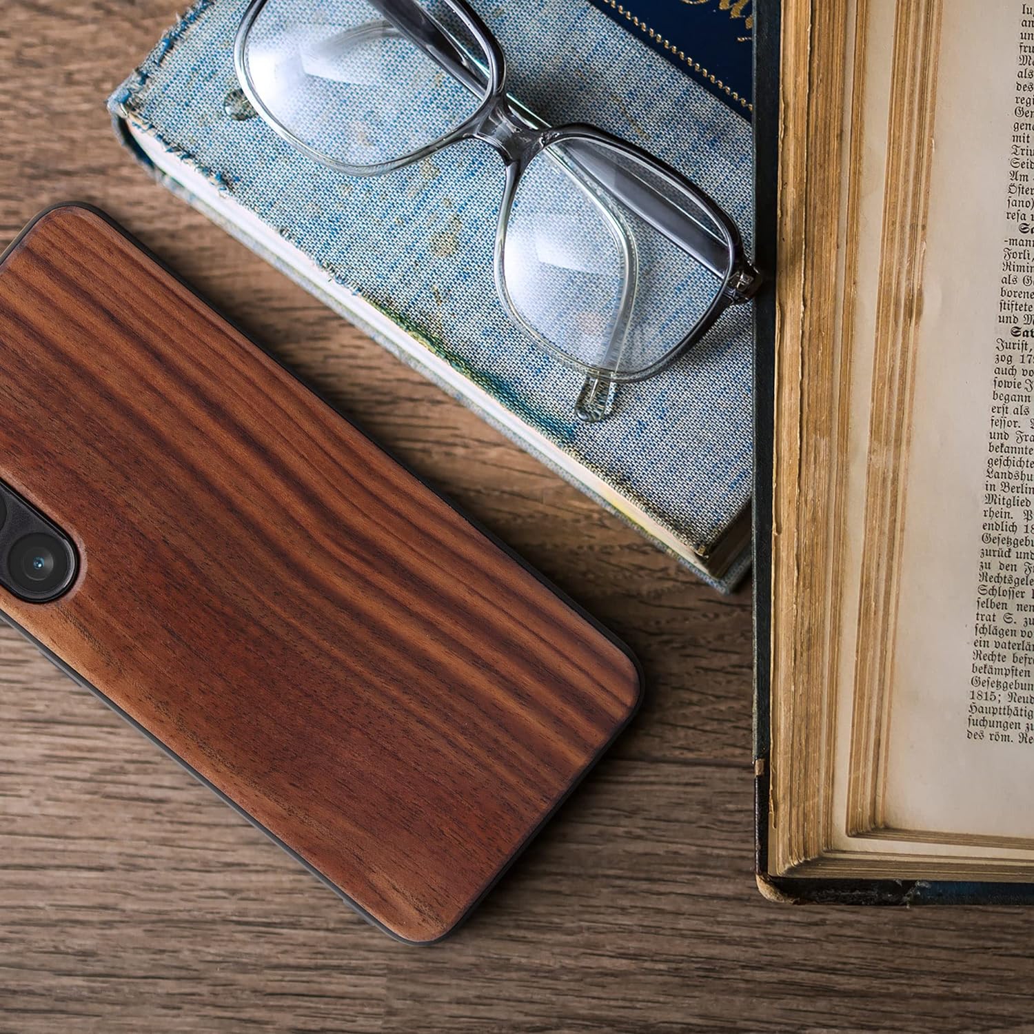 Étui en bois véritable compatible avec l'étui pour Galaxy S23 plus de Samsung - housse en bois rigide/pare-chocs en TPUR - Brun foncé