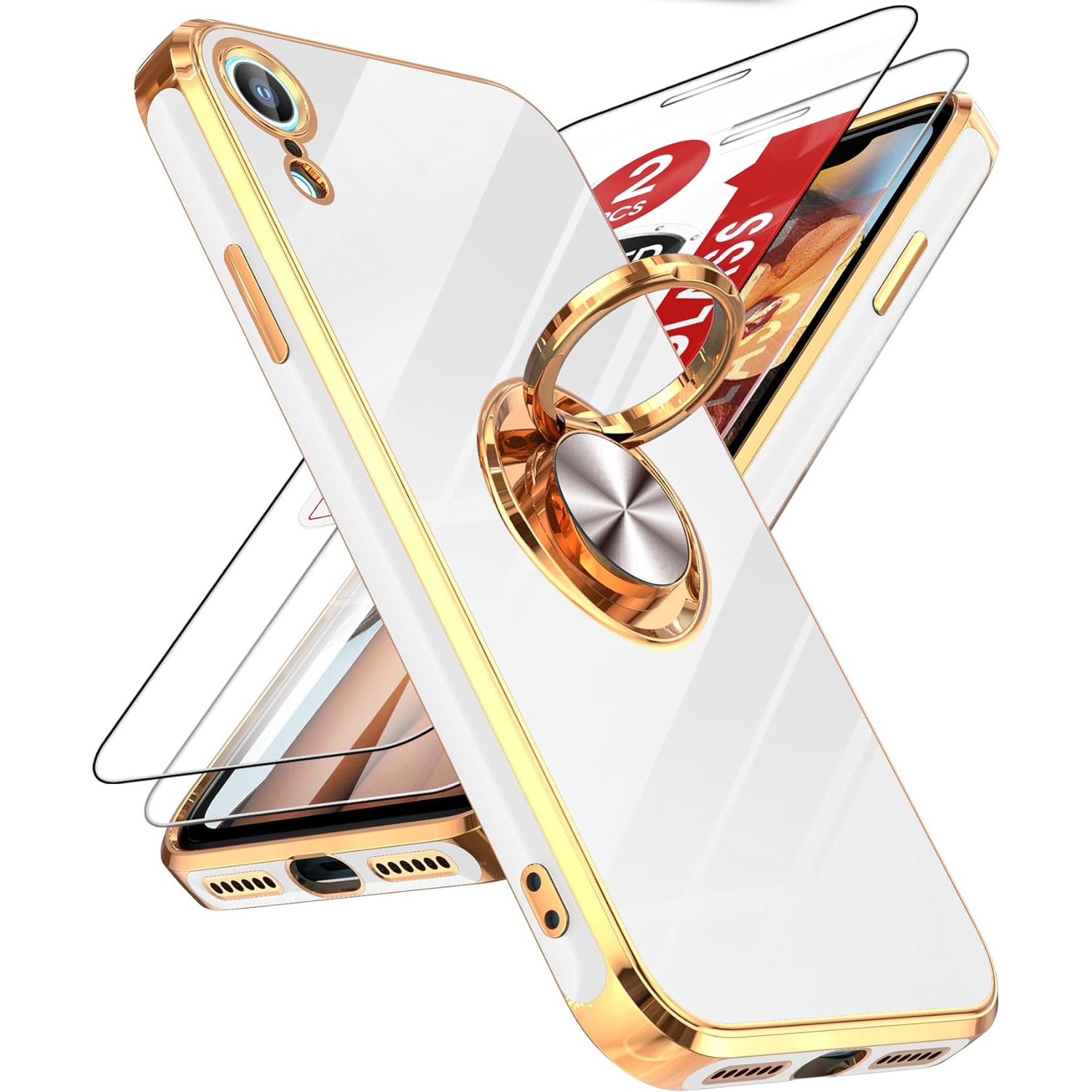 for iPhone XR Phone Case: Case iPhone XR with 2PCS Tempered Glass Screen Protector 360° Rotatable Ring Holder