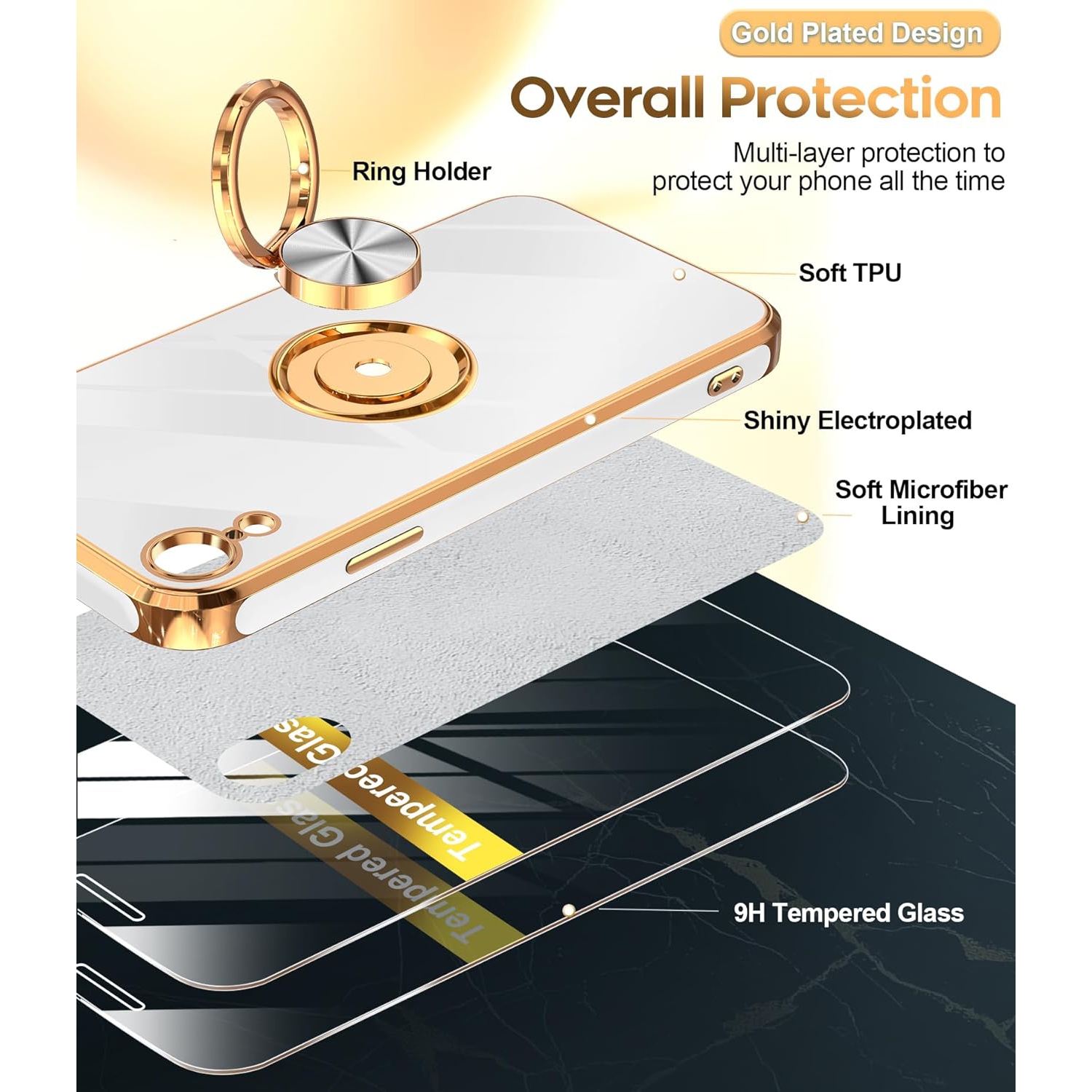 for iPhone XR Phone Case: Case iPhone XR with 2PCS Tempered Glass Screen Protector 360° Rotatable Ring Holder