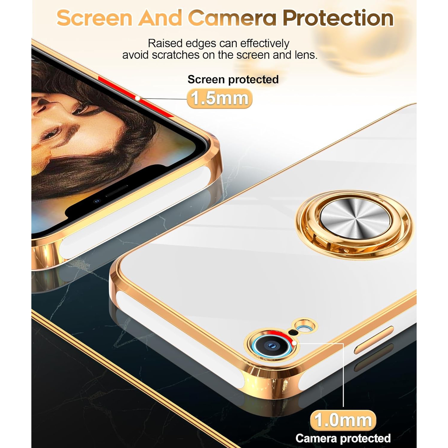 for iPhone XR Phone Case: Case iPhone XR with 2PCS Tempered Glass Screen Protector 360° Rotatable Ring Holder