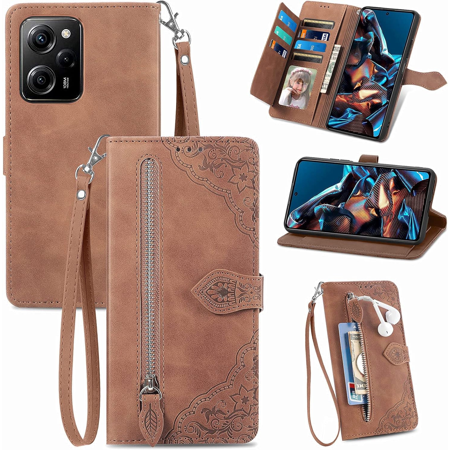 for Poco X5 Pro Zipper Wallet Case with Strap,7 Card Holder Leather Flip Magnet Wallet Case with Money Pocket
