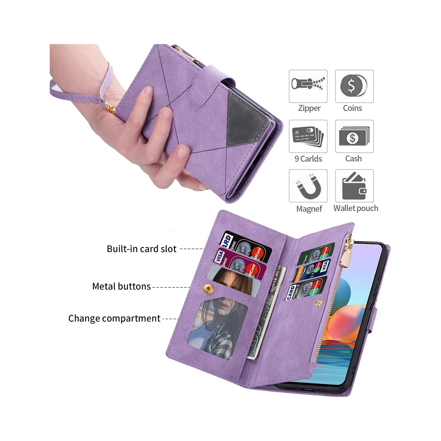 Pour étui pour Pixel 7 Pro de Google, 9 fentes pour cartes Étui portefeuille en cuir magnétique de qualité supérieure avec porte-monnaie à fermeture