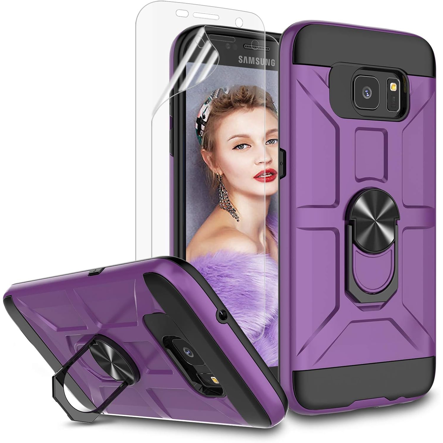 Galaxy S7 Edge Case, S7 Edge Case with HD Screen Protector, 360 Rotatable Metal Ring Holder Kickstand [Work