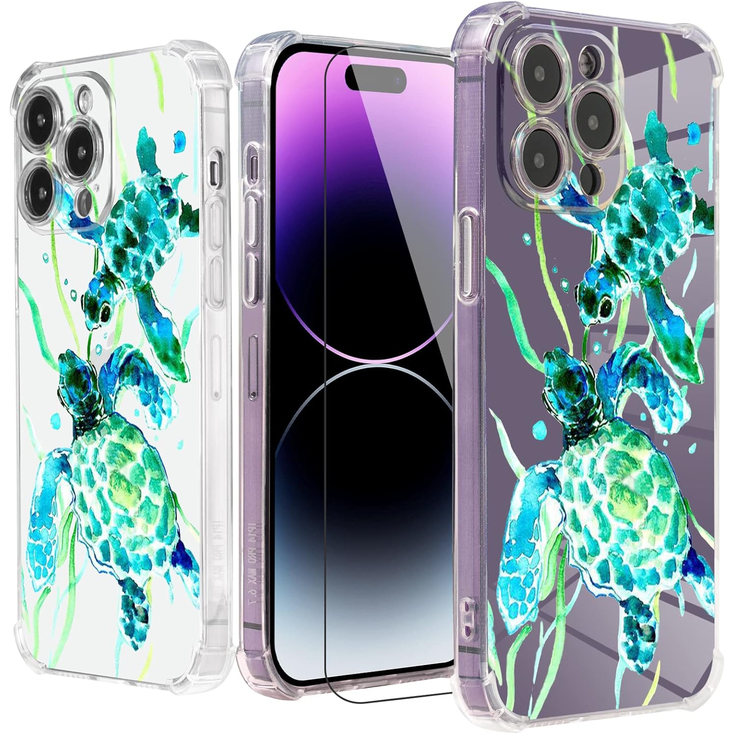 Turtles Case for iPhone 15 Pro Max with Sea Turtles Design,Green Pattern with Screen Protector [Buffertech 6.6