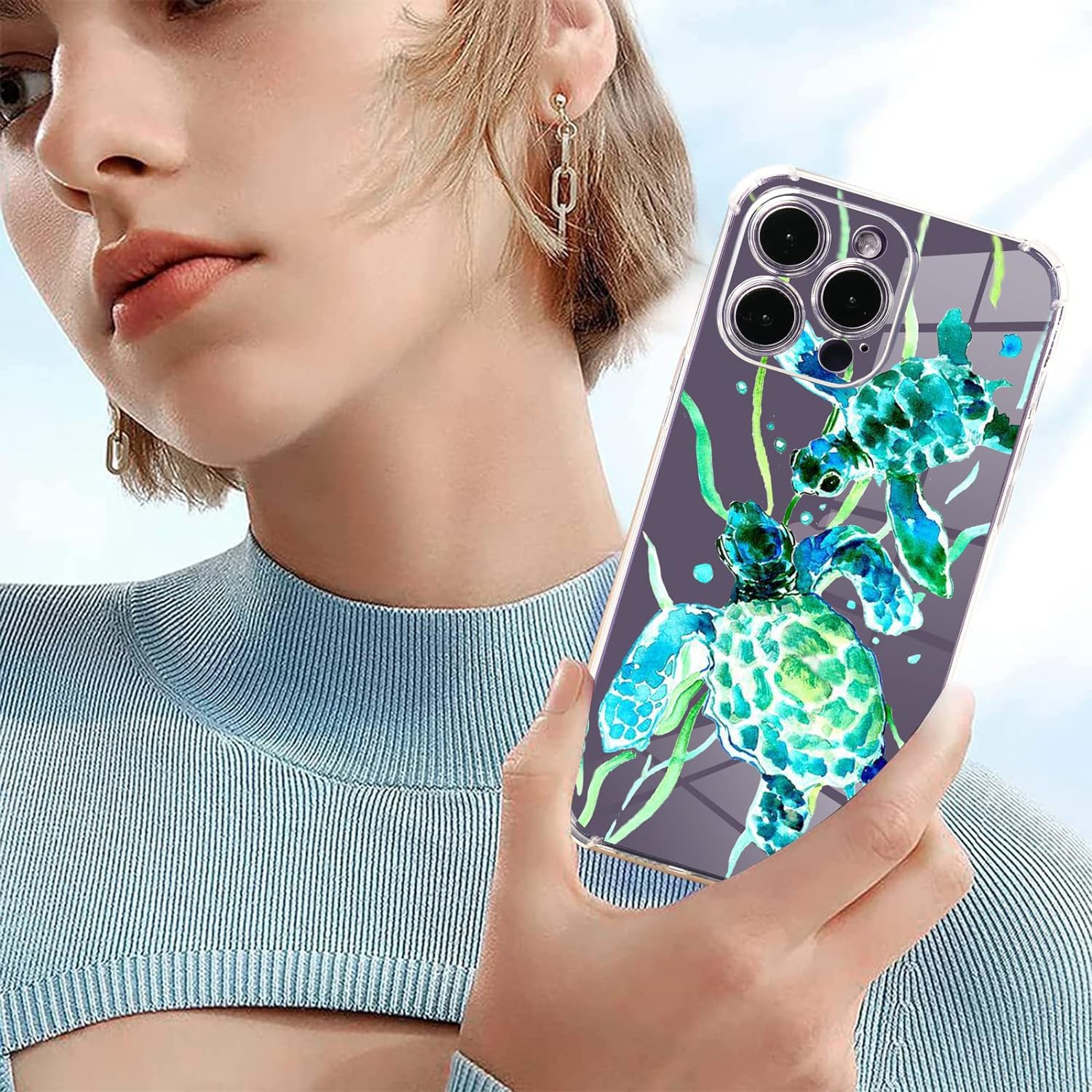 Turtles Case for iPhone 15 Pro Max with Sea Turtles Design,Green Pattern with Screen Protector [Buffertech 6.6