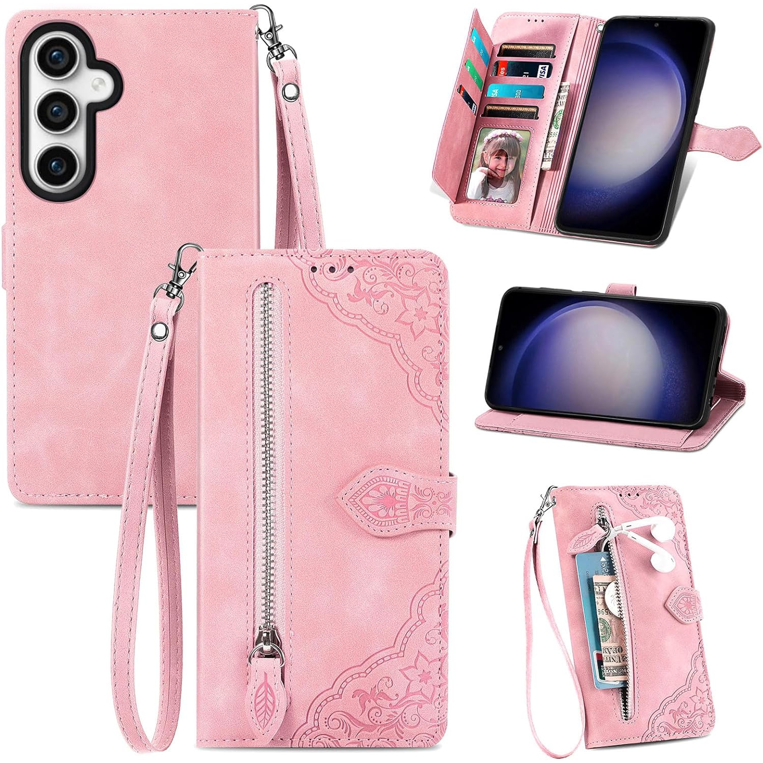 Samsung Galaxy S23 FE 5G 6.4 Inch Wallet Case Zipper Pocket with Card Holder Slot Magnetic Closure Lanyard