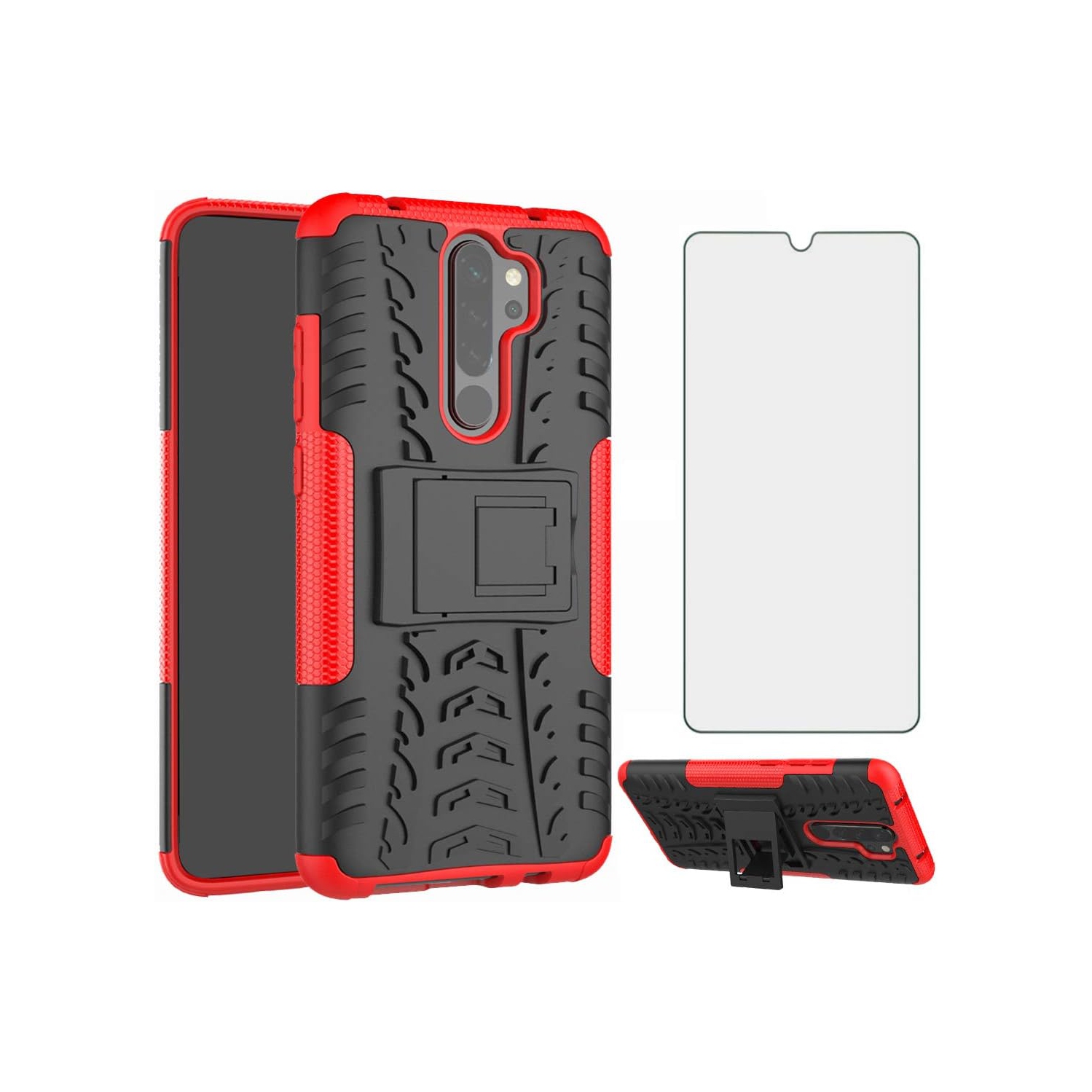 Phone Case for Xiaomi Redmi Note 8 Pro with Tempered Glass Screen Protector and Slim Stand Hybrid Heavy Duty
