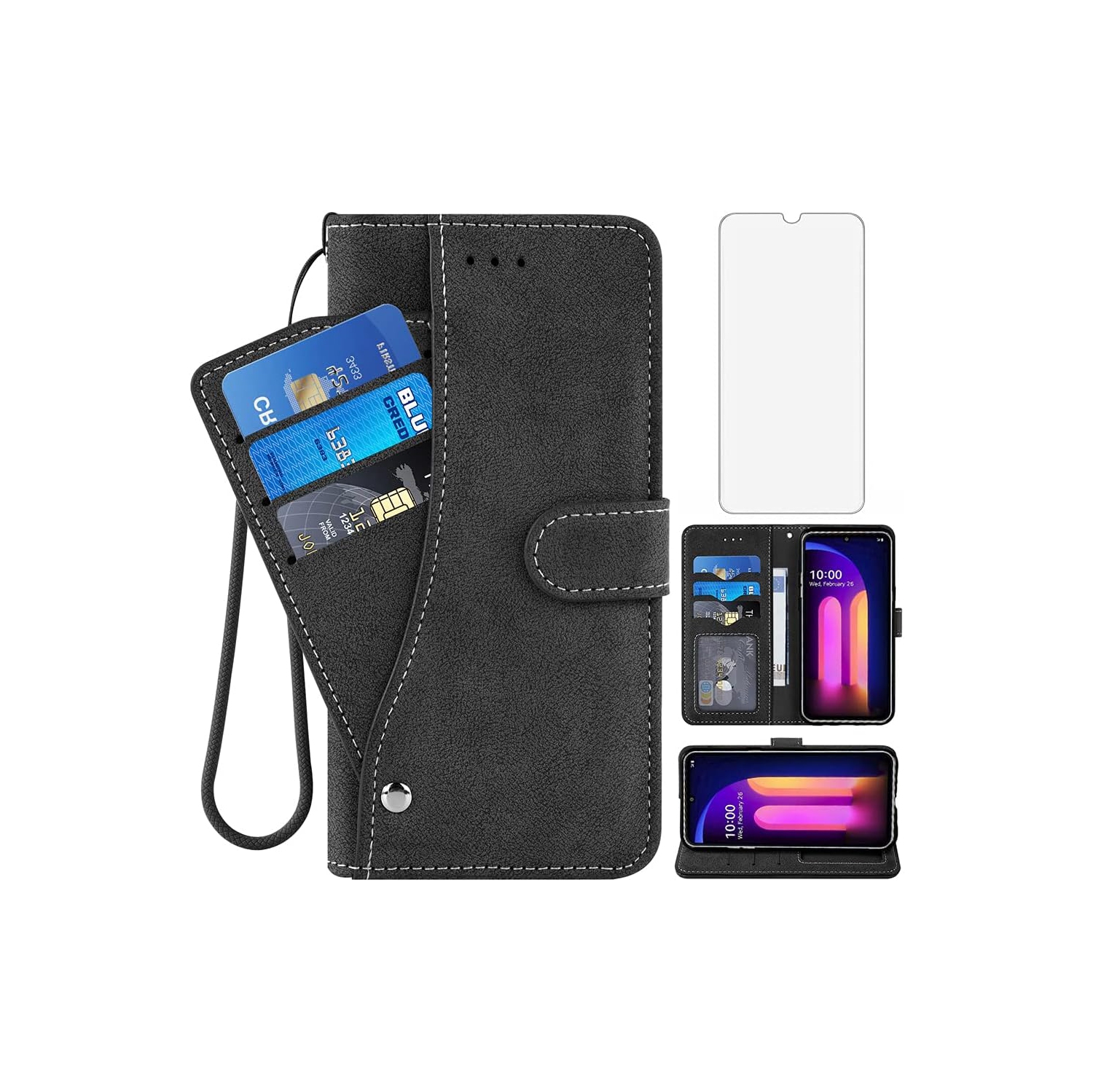 Phone Case for LG V60 ThinQ V60ThinQ 5G G9 Thin Q, Flip Wallet Cover with Tempered Glass Screen Protector Stand