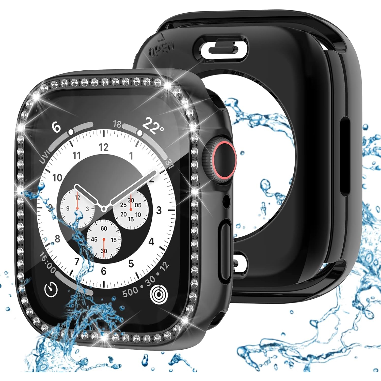 Compatible with Apple Watch Bling Case 44mm, 2 in 1 Waterproof Bumper Face & Bottom Cover Women Glitter Diamond