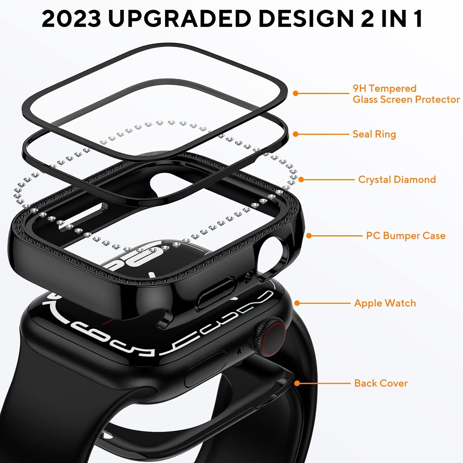 Compatible with Apple Watch Bling Case 44mm, 2 in 1 Waterproof Bumper Face & Bottom Cover Women Glitter Diamond