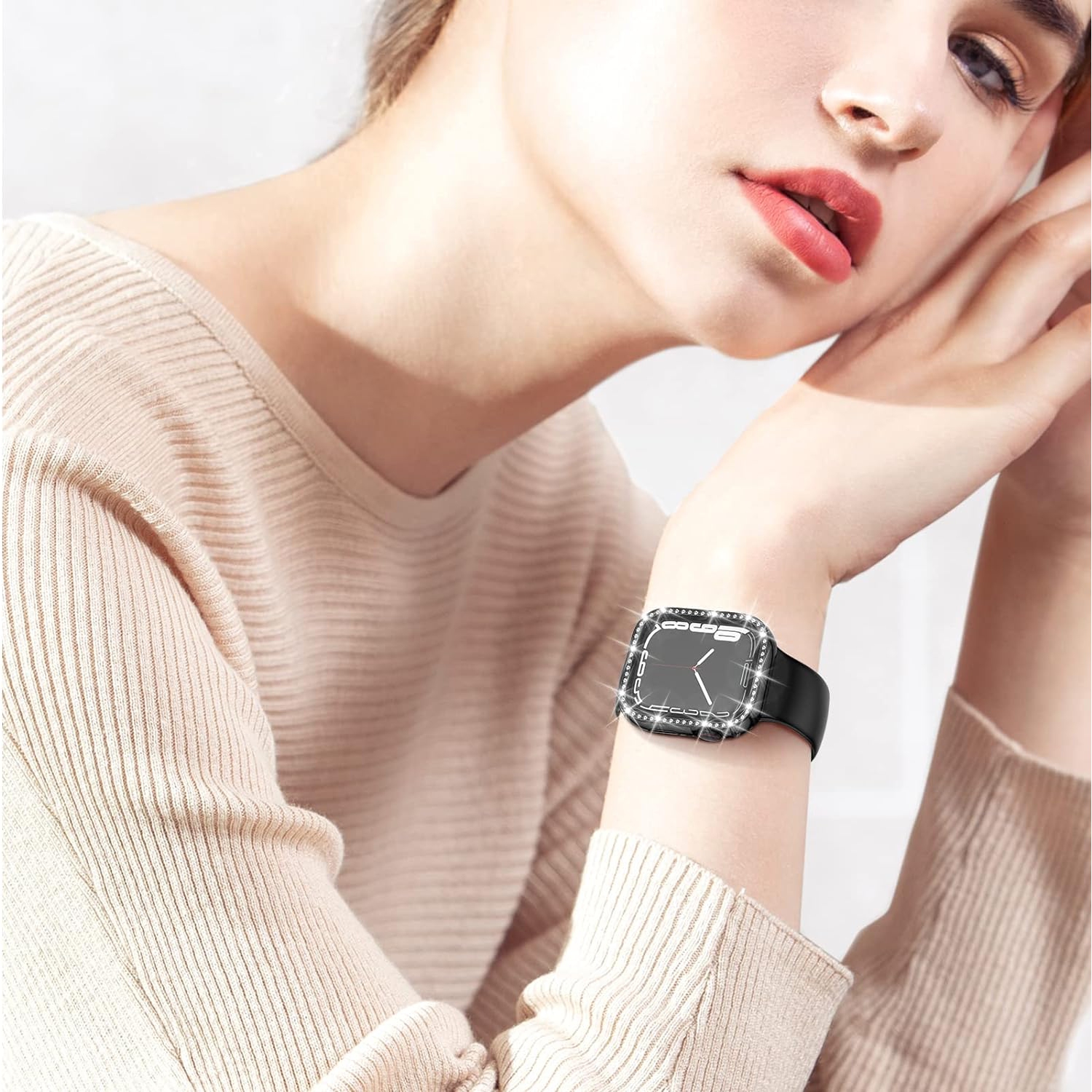 Compatible with Apple Watch Bling Case 44mm, 2 in 1 Waterproof Bumper Face & Bottom Cover Women Glitter Diamond