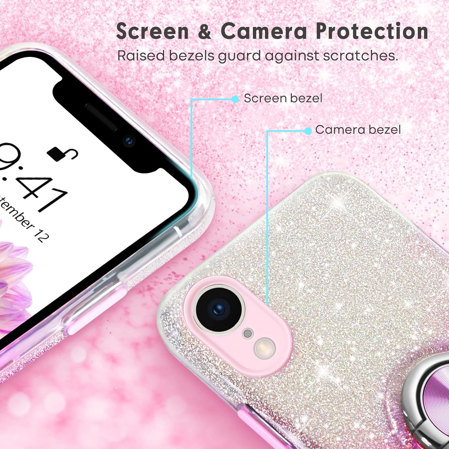 iPhone XR Case, Phone Case iPhone XR, Slim Thin Shinny Sparkly Soft TPU Shockproof Protective Ring Kickstand