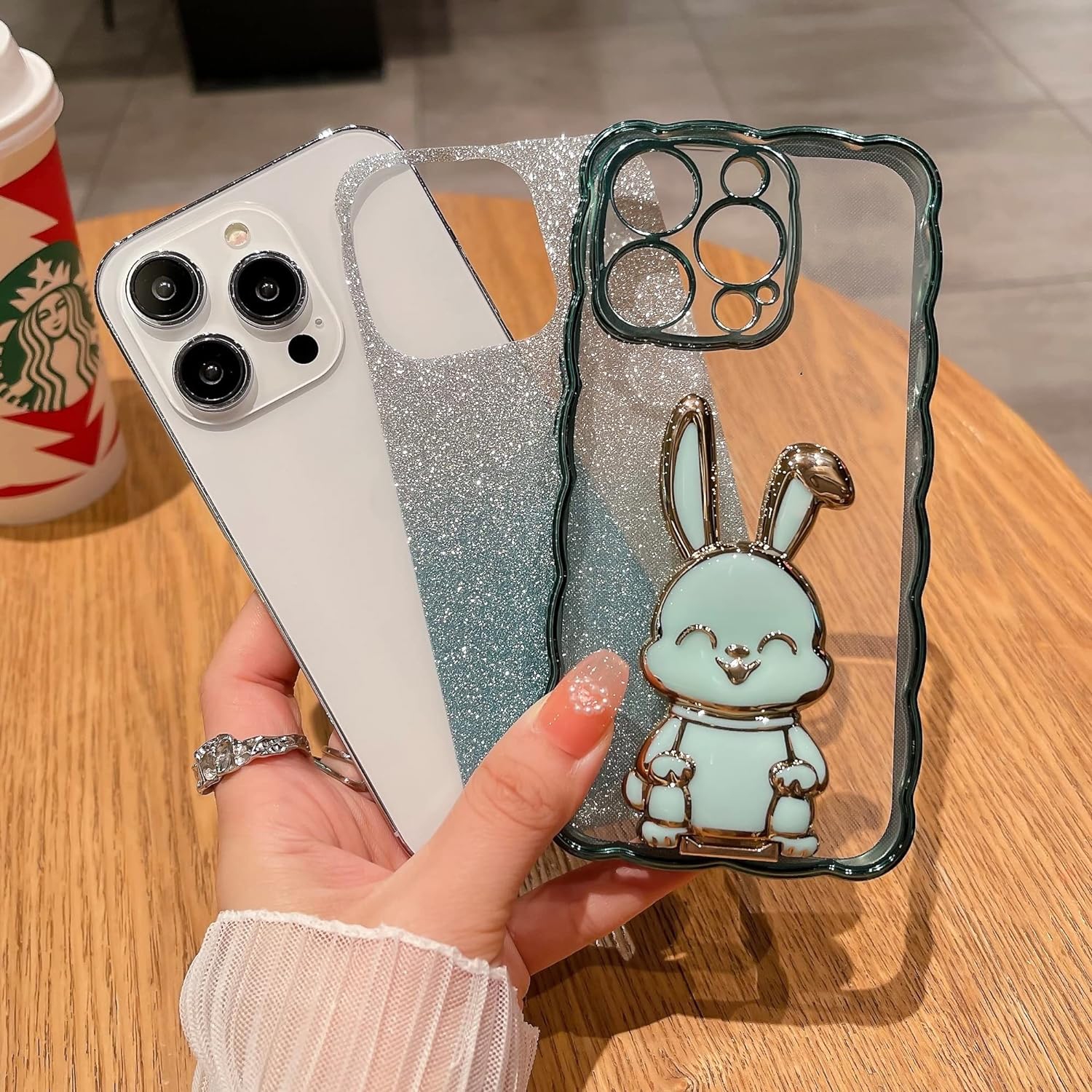 Designed for iPhone 11 Pro Glitter Case, Luxury Plating Cute Bling Rabbit Kickstand Phone Cover for Women Girls