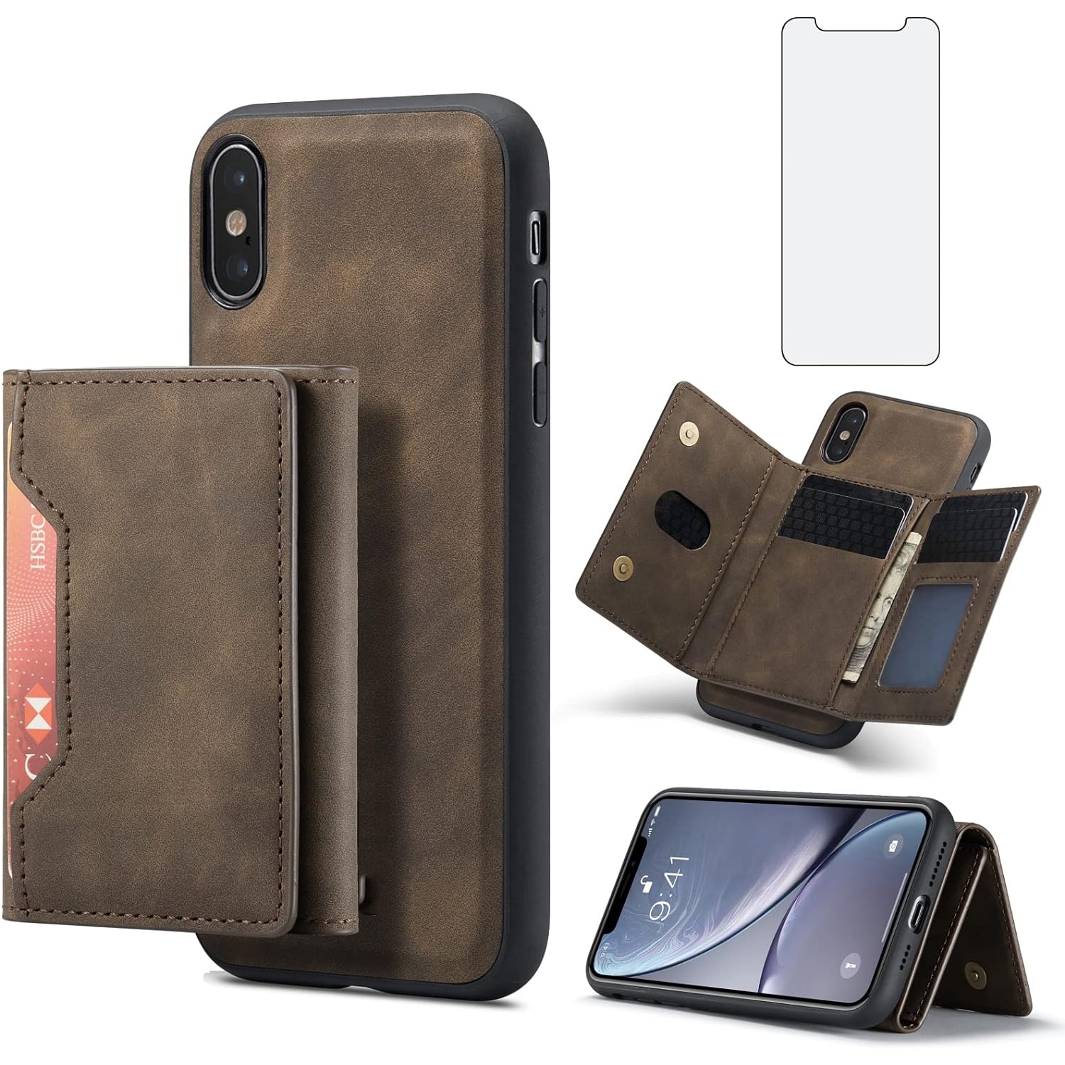 Phone Case for iPhone Xs Max Wallet Cover with Tempered Glass Screen Protector and Credit Card Holder Stand