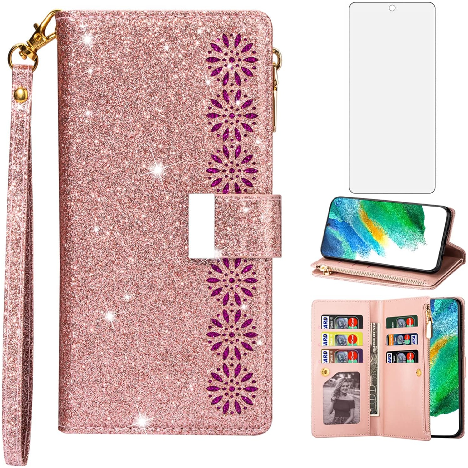 Étui pour téléphone Galaxy S21 FE 5G de Samsung avec protecteur d'écran en verre trempé et dragonne à paillettes