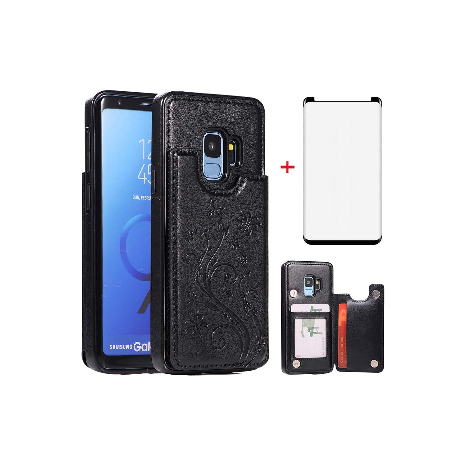 Étui de téléphone pour Galaxy S9 de Samsung avec protecteur d'écran en verre trempé porte-carte porte-portefeuille porte-carte rabat papillon