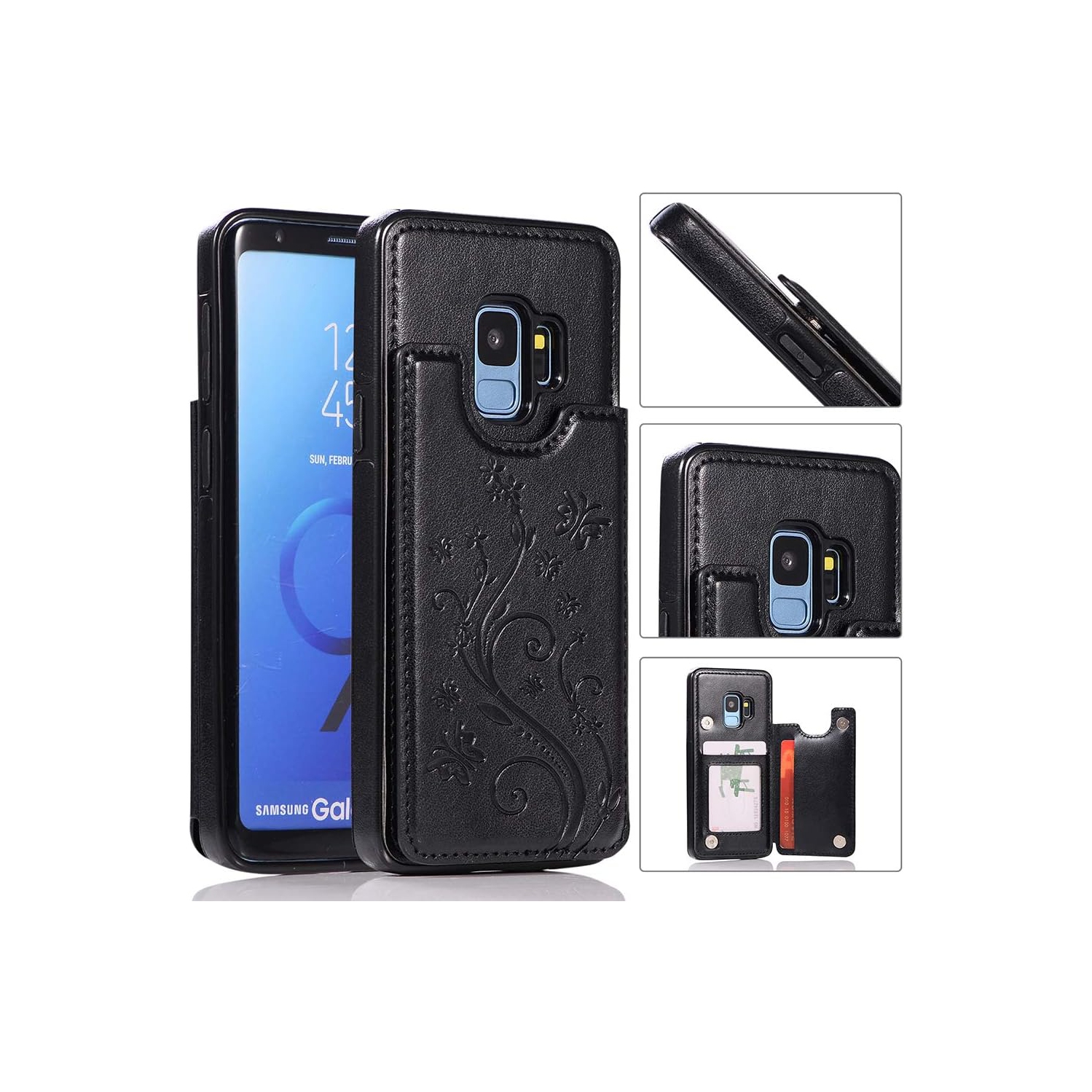 Étui de téléphone pour Galaxy S9 de Samsung avec protecteur d'écran en verre trempé porte-carte porte-portefeuille porte-carte rabat papillon