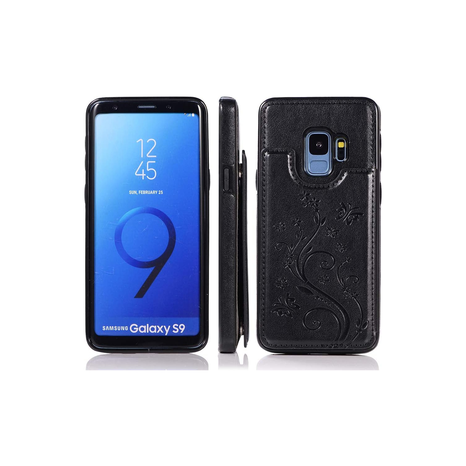 Étui de téléphone pour Galaxy S9 de Samsung avec protecteur d'écran en verre trempé porte-carte porte-portefeuille porte-carte rabat papillon