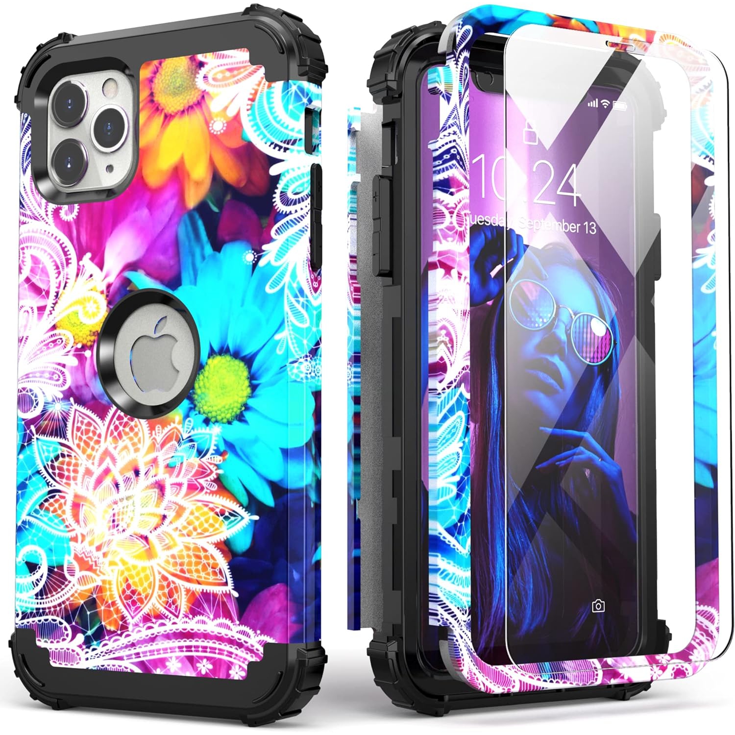 iPhone 11 Pro Max Case with Tempered Glass, Hybrid 3 in 1 Shockproof Slim Heavy Duty Protection Hard PC Cover