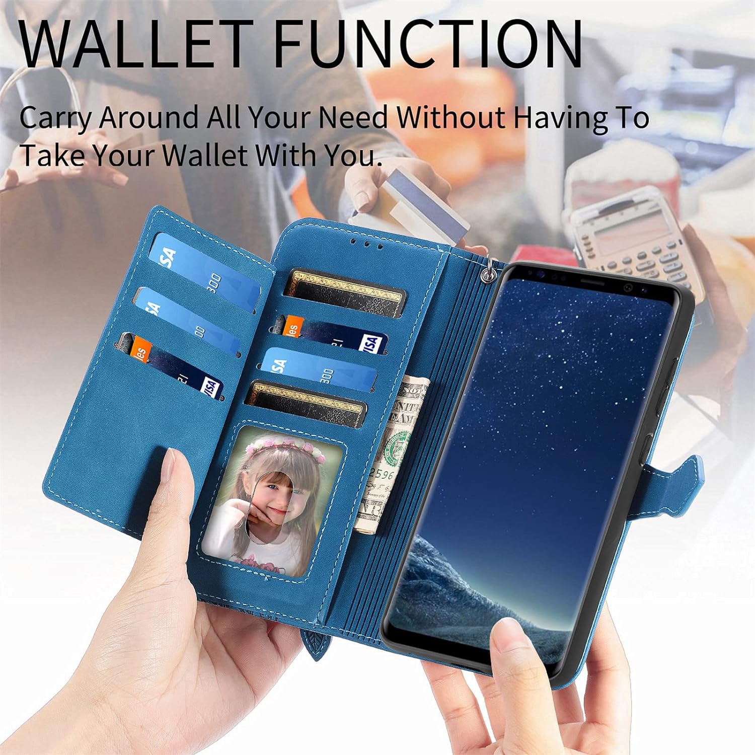 Compatible with Samsung Galaxy S8 Wallet Case with Wrist Strap Lanyard Leather Flip Card Holder Stand Cell