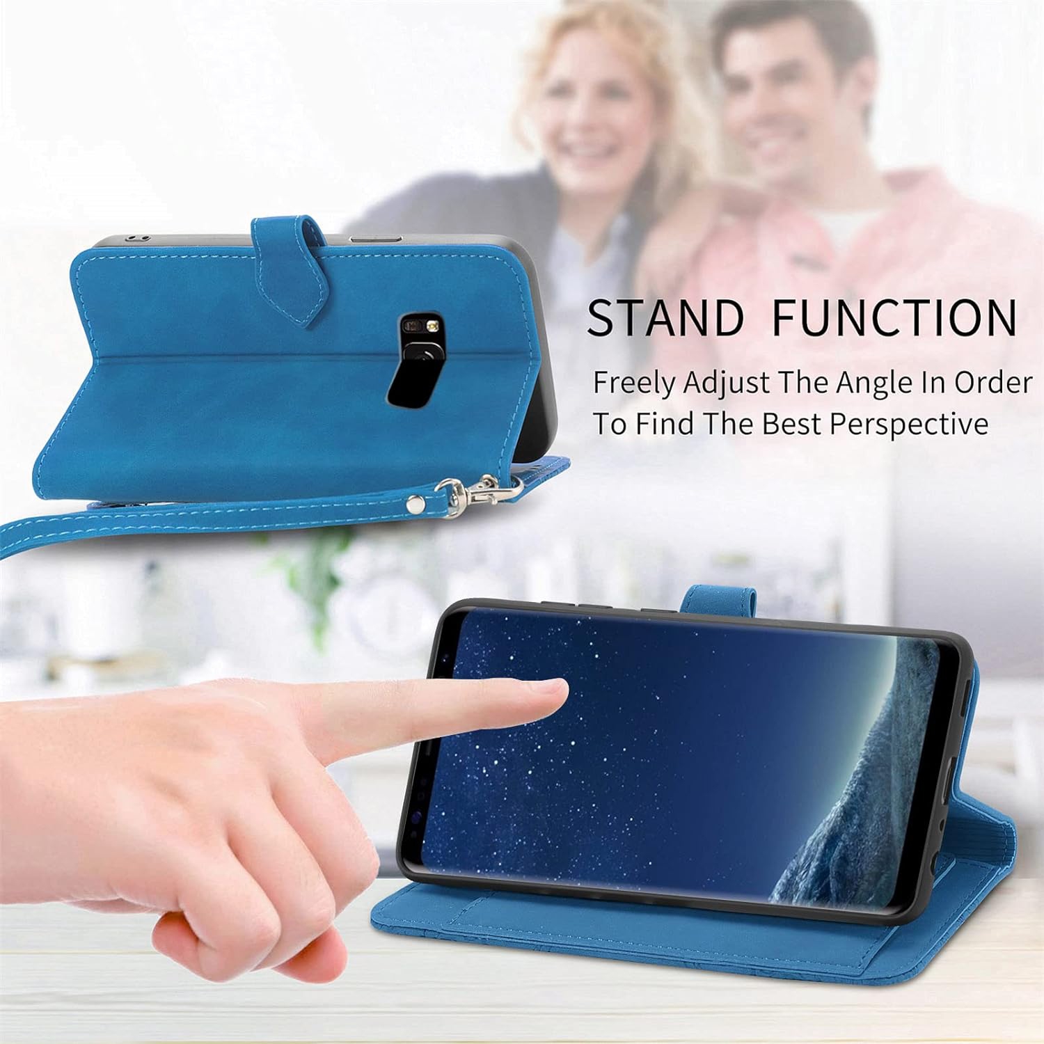 Compatible with Samsung Galaxy S8 Wallet Case with Wrist Strap Lanyard Leather Flip Card Holder Stand Cell