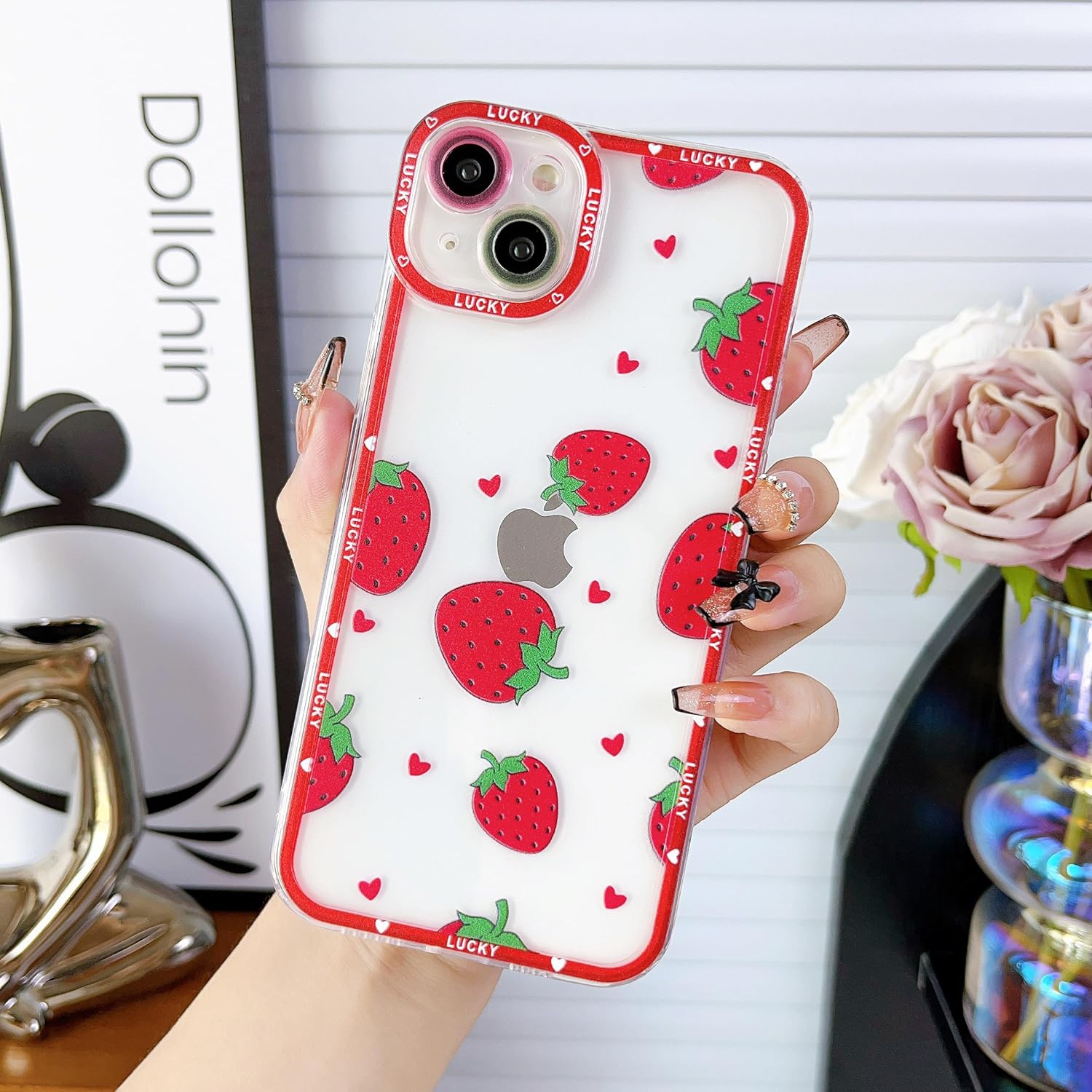 for iPhone 15 Plus Case Clear Rose Strawberry Cute Soft Silicone Shockproof Protective Phone Cases for Phone 15