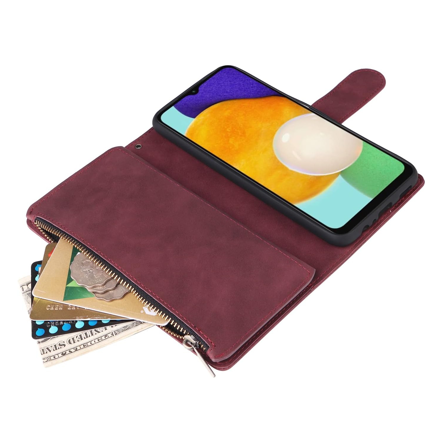 Wallet Case for Samsung Galaxy A14 5G, Premium PU Leather Magnetic Closure Handbag Zipper Pocket Case Kickstand